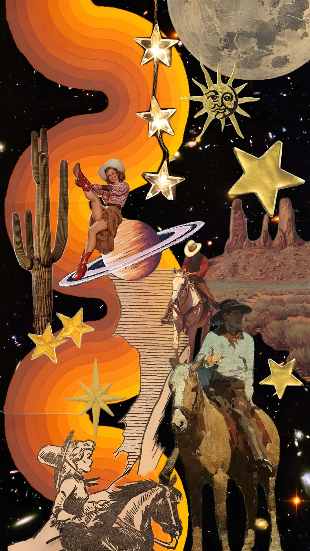  壁紙 — 牛仔騎馬穿過超現實的沙漠，在充滿星星、太陽、月亮和土星的宇宙天空下。