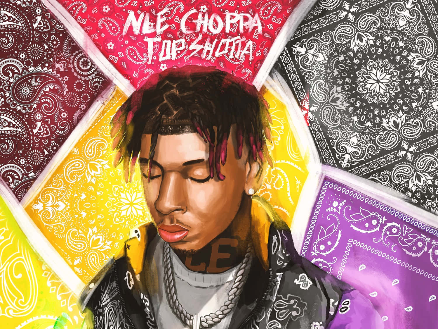 NLE Choppa 桌布 壁紙 — NLE Choppa 的風格化數碼肖像，閉上眼睛，周圍環繞著色彩繽紛的佩斯利頭巾圖案。