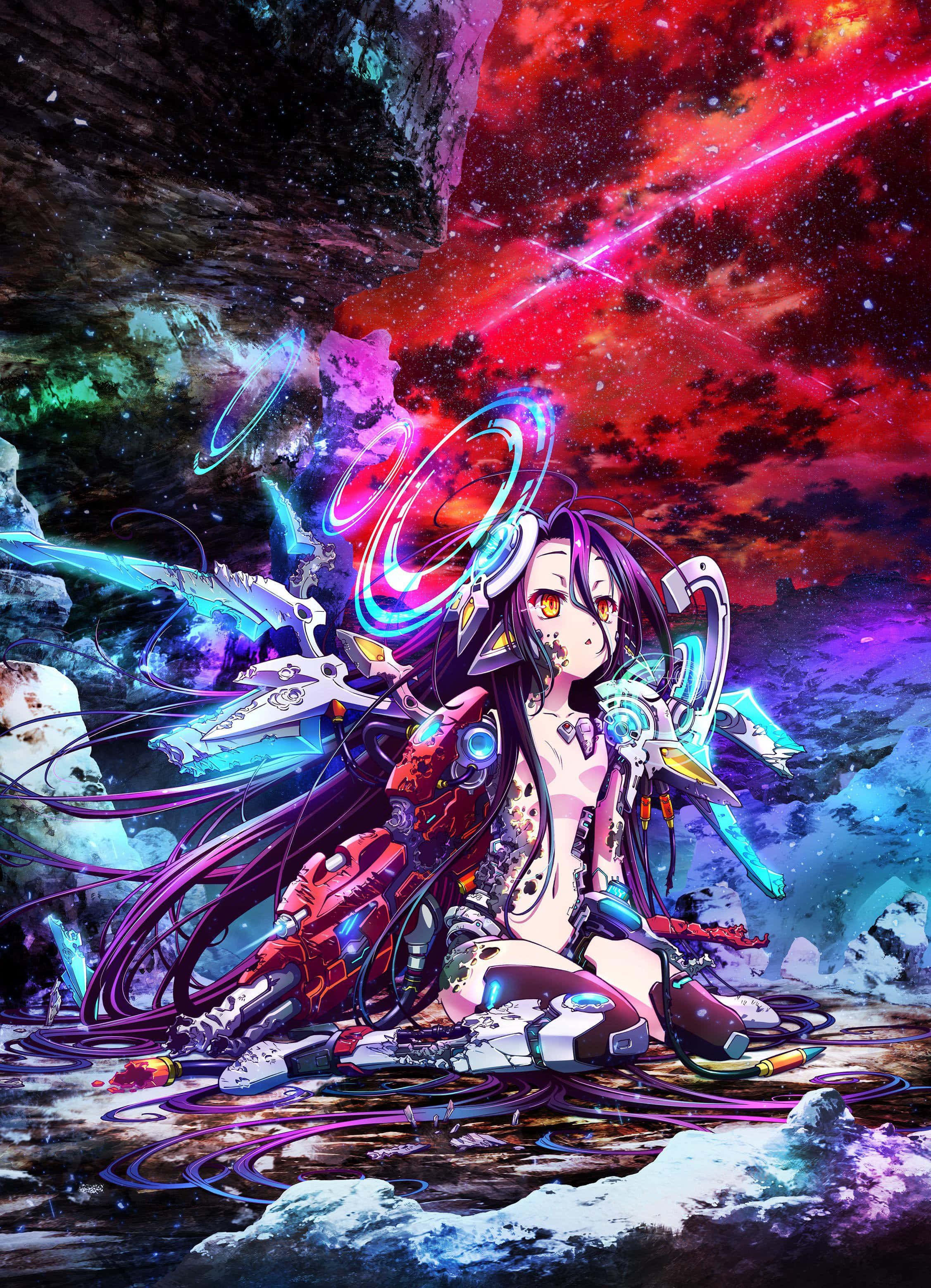 《No Game No Life》的美麗世界，一切皆有可能。 壁紙 — 一個發光的眼睛和機械四肢的賽博格動漫女孩坐在充滿活力的宇宙景觀中，周圍有霓虹能量環和星空。