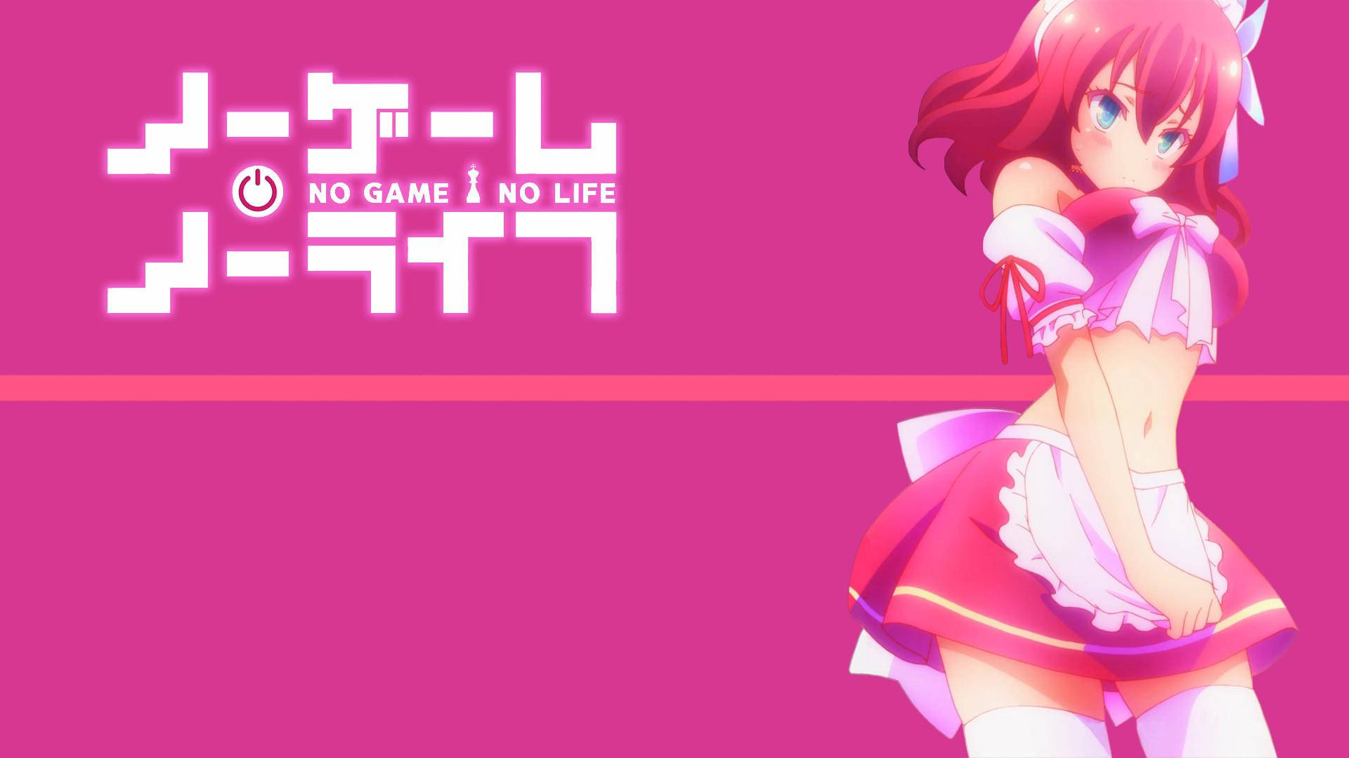 動漫角色穿著粉紅色女僕裝，在洋紅色背景上帶有「No Game No Life」標誌。