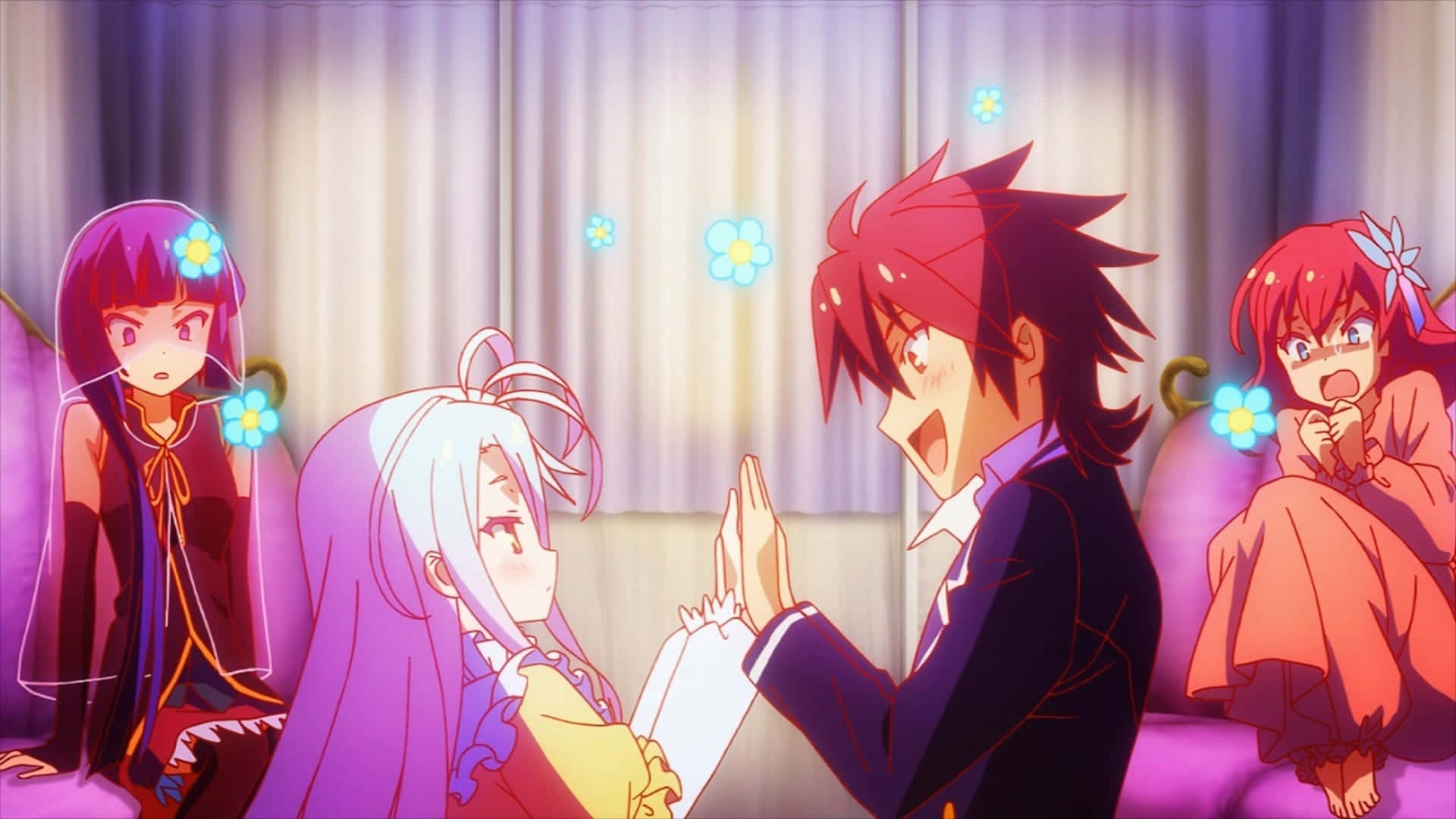 《No Game No Life》——無限可能 壁紙 — 四個動漫角色在一個溫暖照明的房間裡，對漂浮在他們周圍的發光藍色花朵表現出驚訝和喜悅的反應。