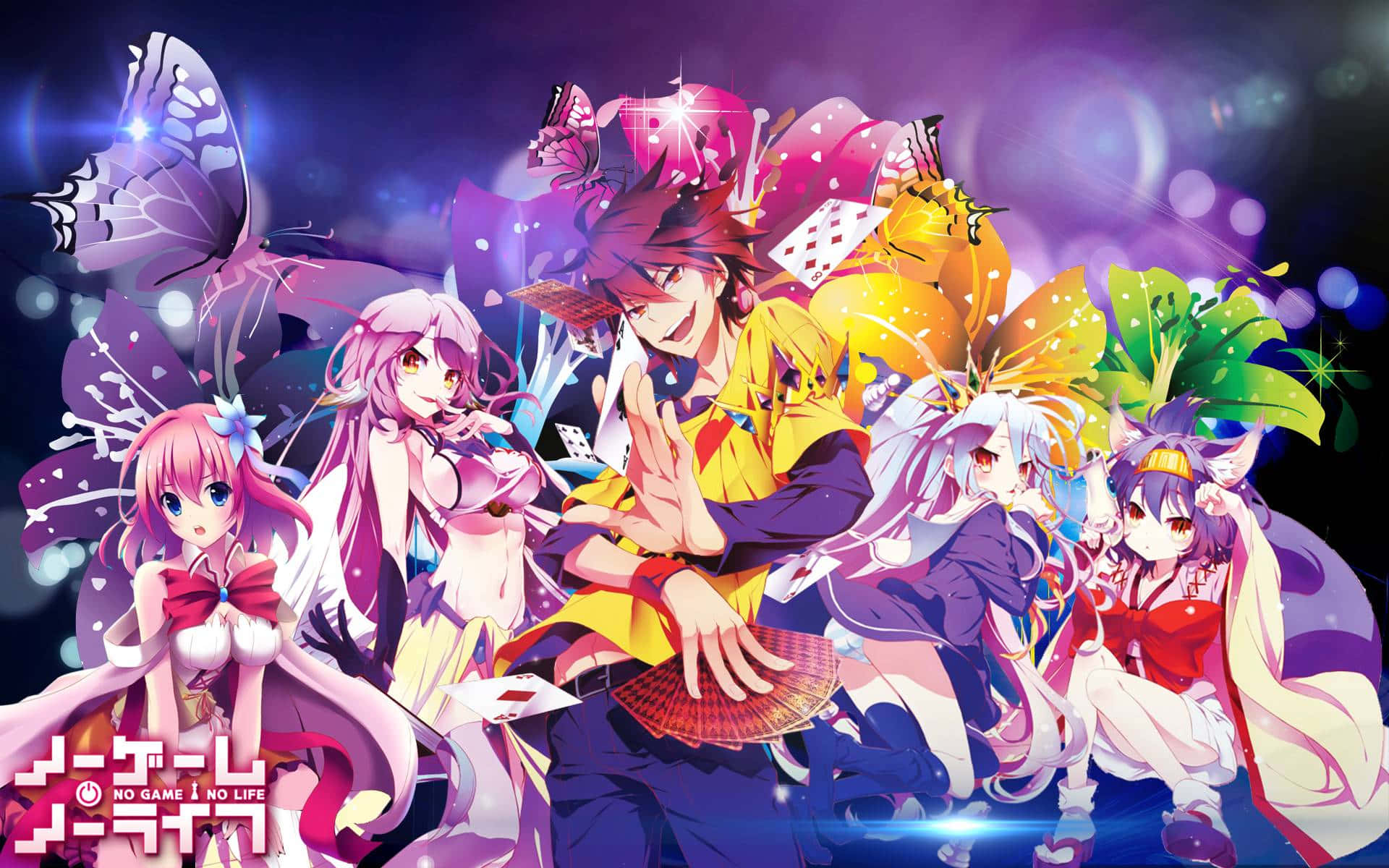 《No Game No Life》的超現實奇幻世界 壁紙 — 色彩繽紛的蝴蝶翅膀和發光效果的動漫角色在閃爍的紫色背景上綻放。