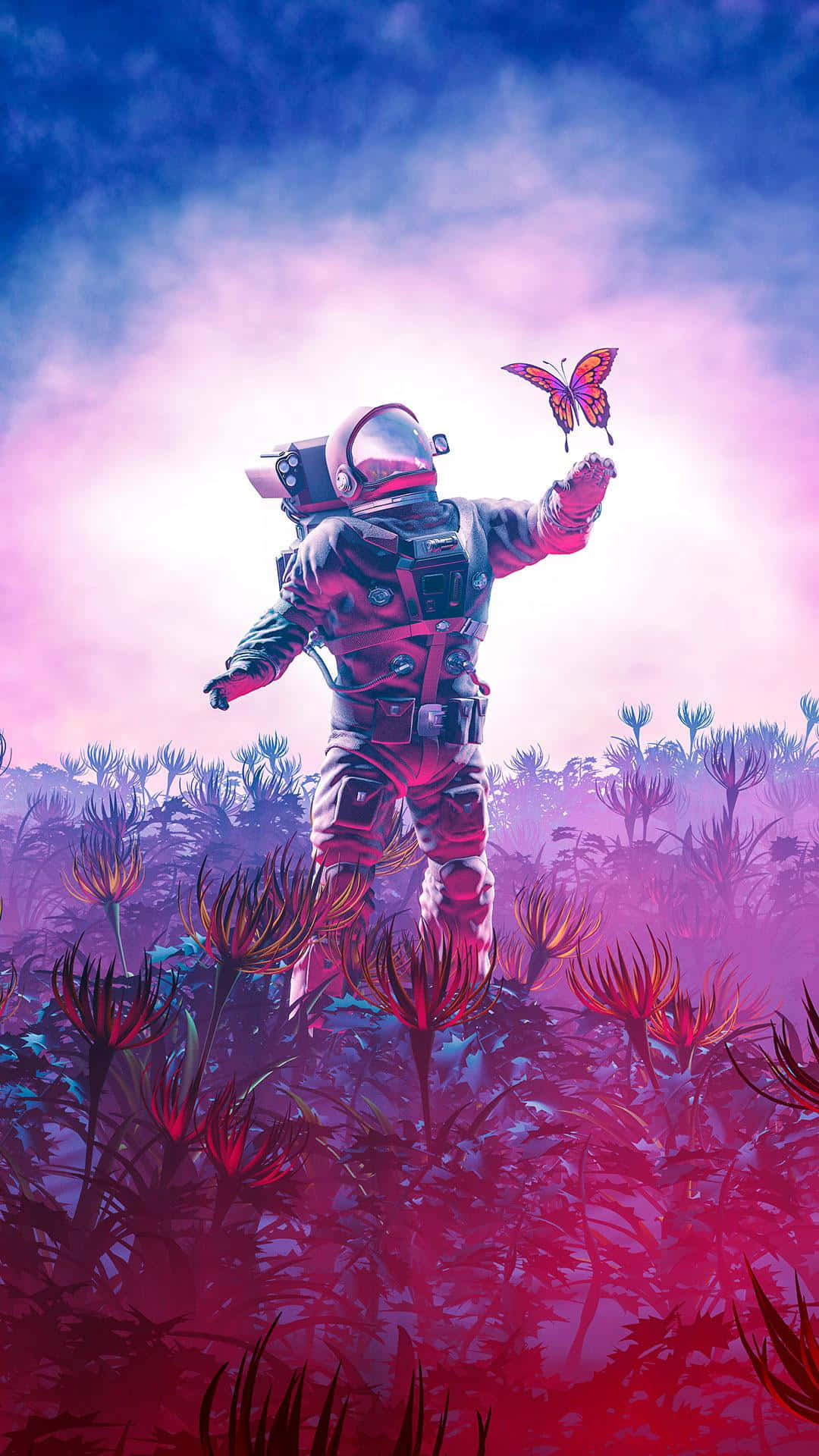 在《No Man's Sky》中探索無限星系與未知星球 壁紙 — 一名穿著太空衣的太空人在超現實的粉紅和藍色天空下，在發光的外星植物中輕輕伸手觸碰蝴蝶。