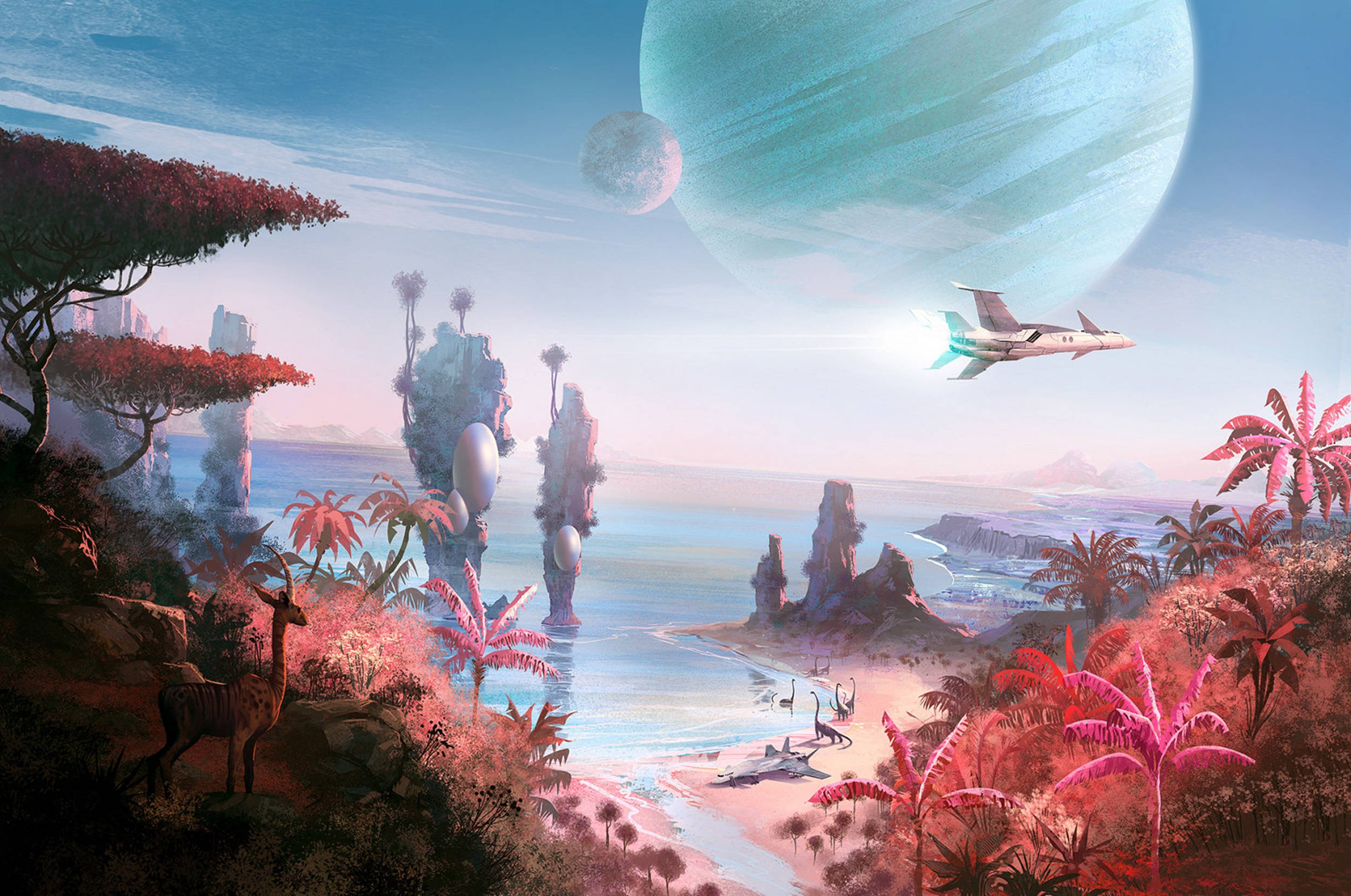 No Man's Sky 截圖 壁紙 — 一架未來風格的噴射機飛越一個熱帶外星海灘，沙灘上有粉紅色植物，天空中有兩個月亮。