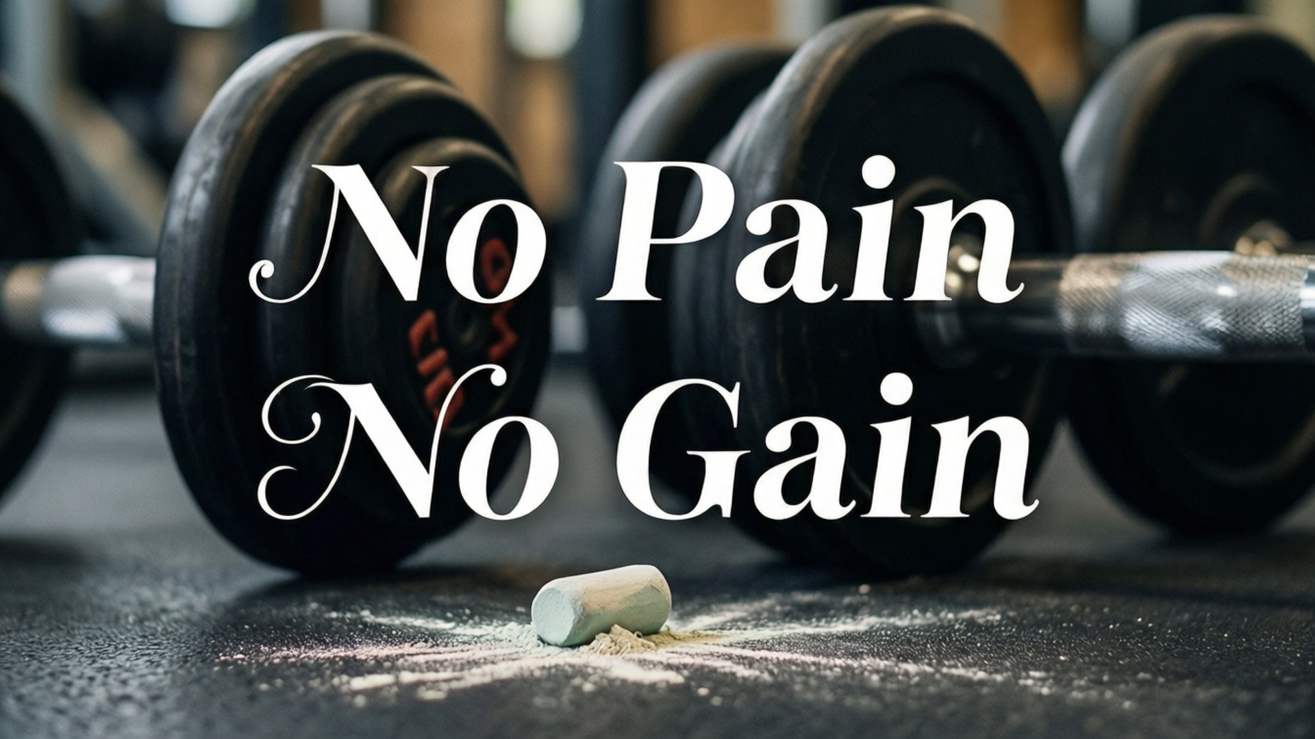 健身啞鈴和粉筆，帶有「No Pain No Gain」文字覆蓋