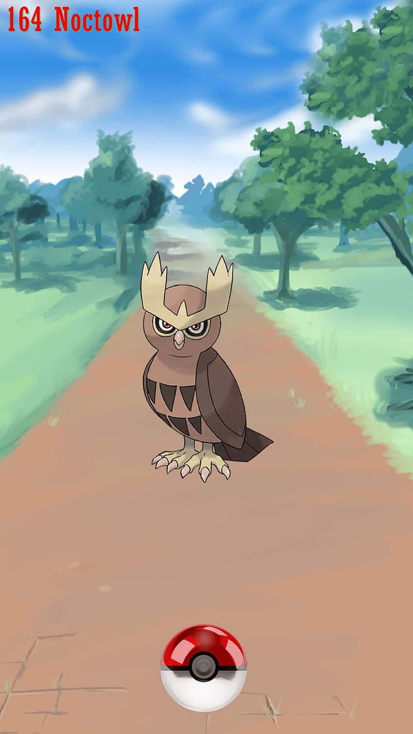 Noctowl 寵物小精靈遭遇戰 壁紙 — 一隻名為貓頭夜鷹的卡通貓頭鷹寶可夢站在陽光明媚的森林中的泥路上，底部有一個精靈球。