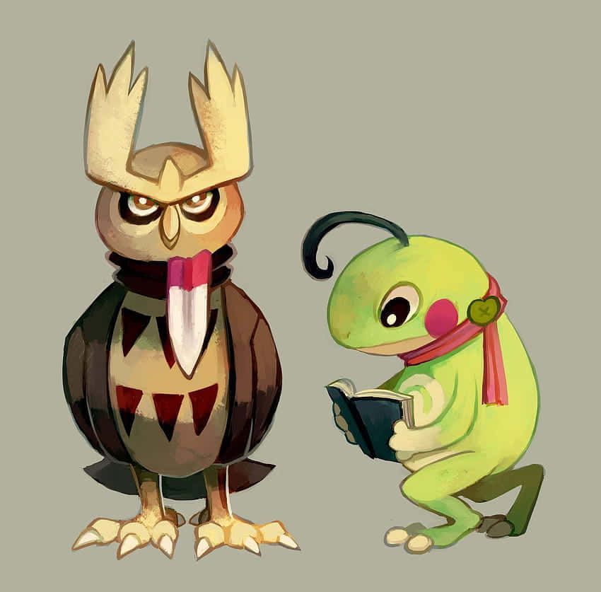 Noctowl 與 Politoed 動畫角色 壁紙 — 兩個卡通風格嘅寶可夢角色，一個似貓頭鷹帶住憤怒嘅眼睛同圍巾，另一個綠色似青蛙噉睇緊書，背景係純灰色。