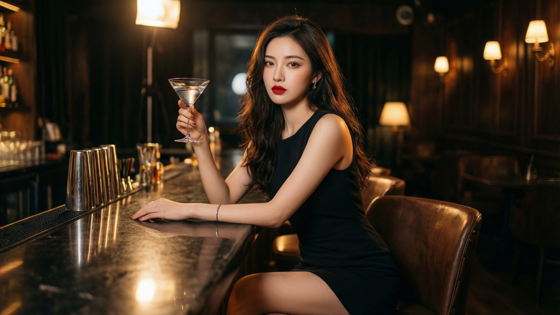 身穿黑色連衣裙的女性在高級燈光昏暗的酒吧中手持馬提尼酒杯