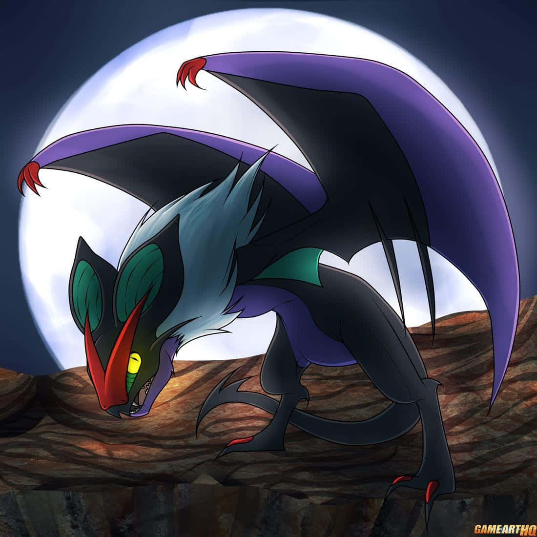 Noivern 月光下的棲息地 壁紙 — 一隻風格化的龍，擁有紫色翅膀和發光的黃色眼睛，棲息在岩石懸崖上，背景是巨大的滿月。