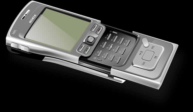 經典 Nokia 滑蓋手機 壁紙 — 一部時尚的銀色 Nokia N91 滑蓋手機，帶有綠色屏幕和實體鍵盤，對角放置在黑色反光表面上。