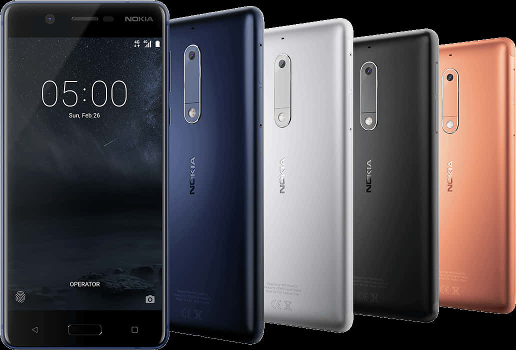 Nokia Android智慧手機色彩系列 壁紙 — 五部Nokia智能手機，藍色、銀色、黑色和銅色，在深色背景前展示正面和背面。
