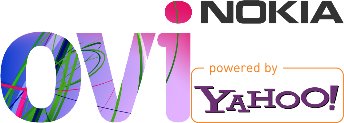 Nokia Ovi 由 Yahoo! 支援標誌 壁紙 — Ovi Nokia powered by Yahoo 的鮮豔標誌，O 和 Vi 字母內有色彩繽紛的抽象漩渦。
