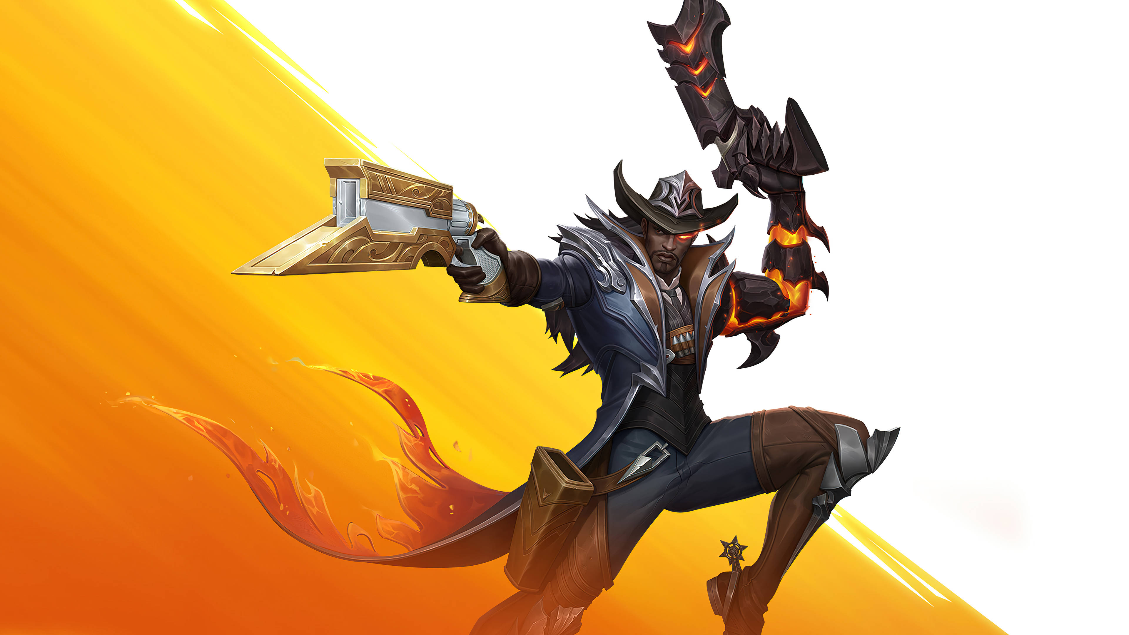 高 noon Lucian Wild Rift 壁紙 — 一個火熱的牛仔戰士身穿華麗盔甲，揮舞著發光的武器，背景是燦爛的橙色和黃色。
