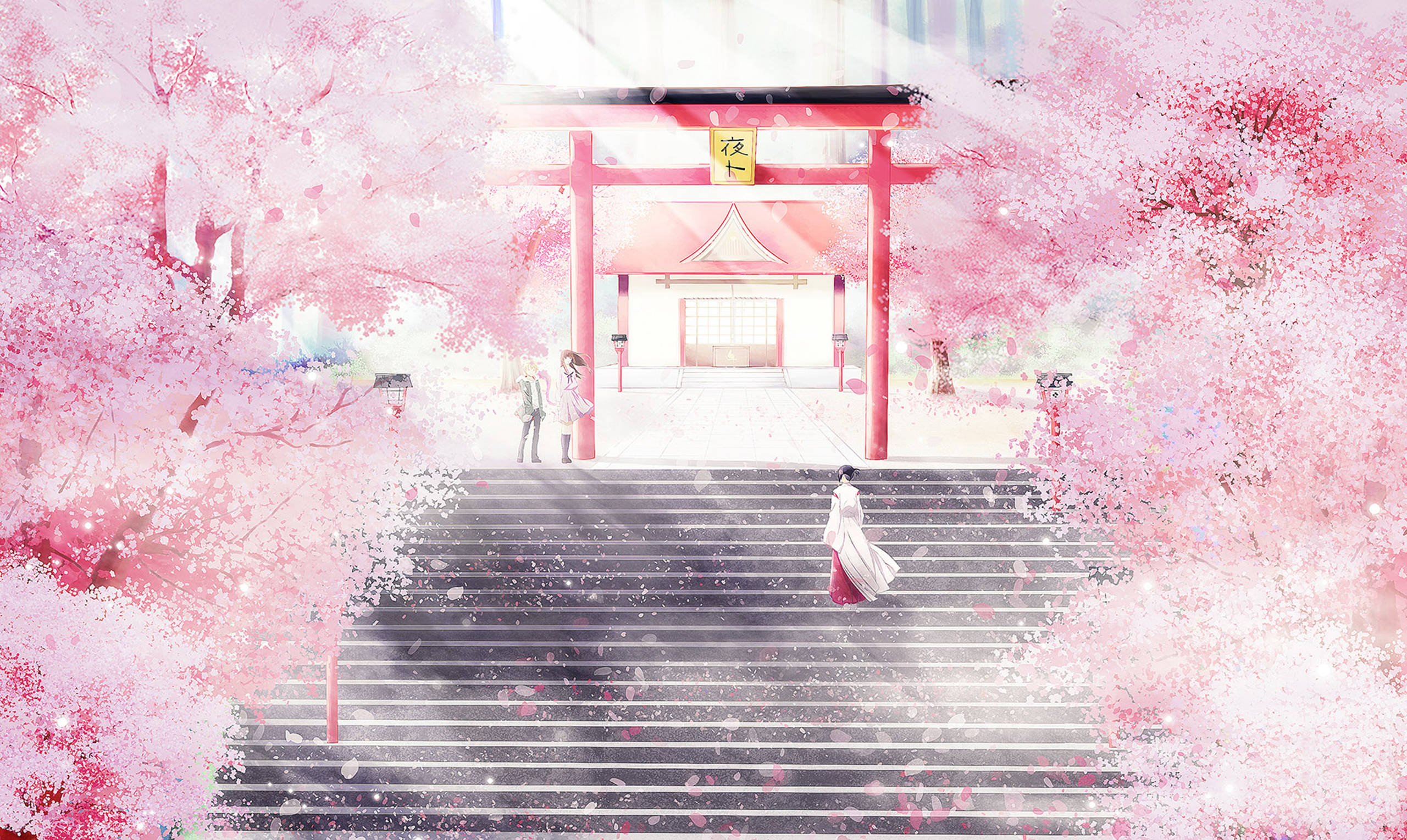 粉紅動漫風格Noragami神社 壁紙 — 一個寧靜的動漫場景，紅色鳥居被盛開的櫻花環繞，花瓣飄落在樓梯周圍，人物站立和行走。