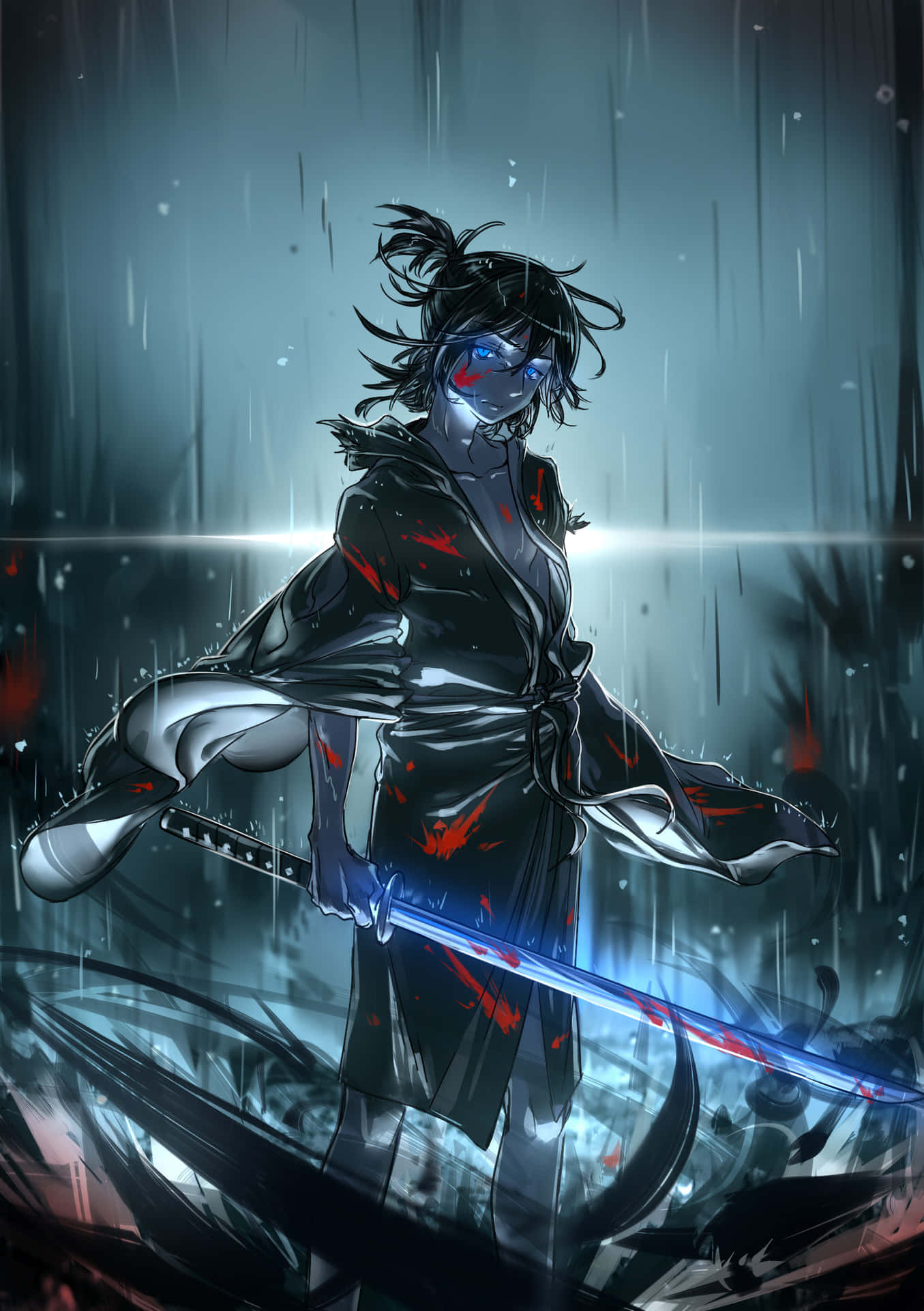 動漫武士戰士手持發光劍，站在雨中與碎玻璃中。