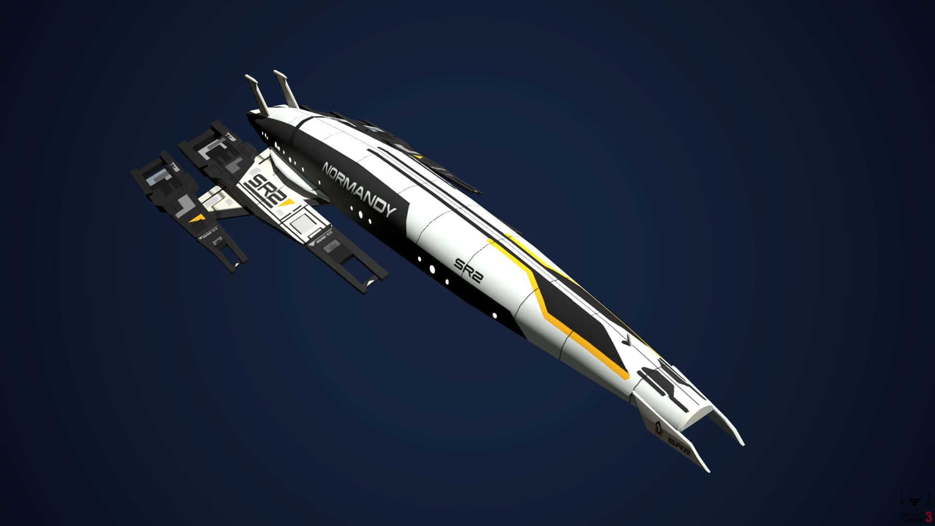 Normandy Sr-2 桌布 壁紙 — 一艘名為 'Normandy SR2' 的時尚黑白太空船，在帶有微妙同心環的深藍色太空背景下滑行。