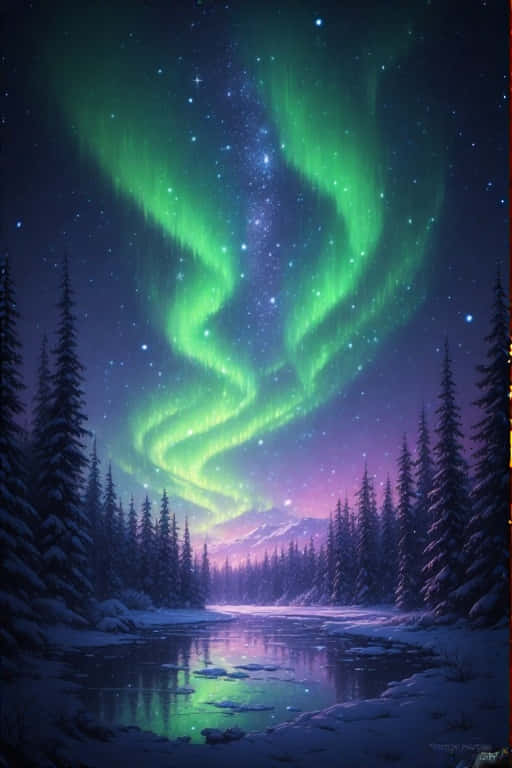 綠色北極光照亮雪林和冰河，星空下