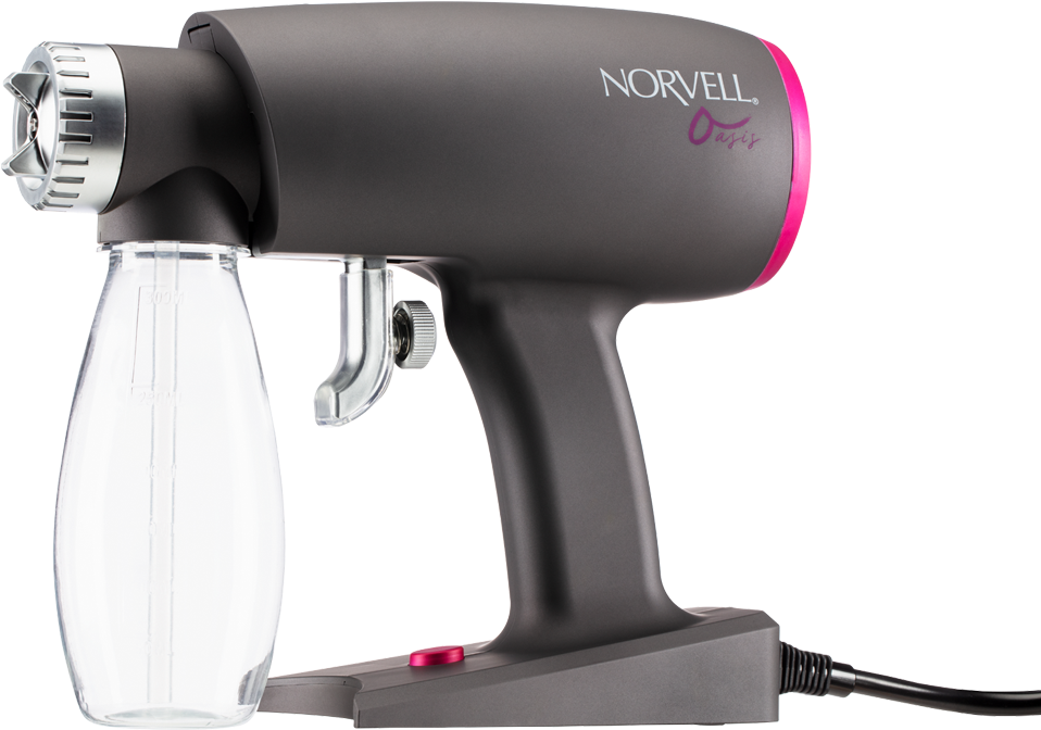 Norvell Oasis噴霧曬黑機 壁紙 — 一款時尚的黑色和粉紅色Norvell Oasis風筒，配有透明水箱和銀色點綴，置於純白背景上。