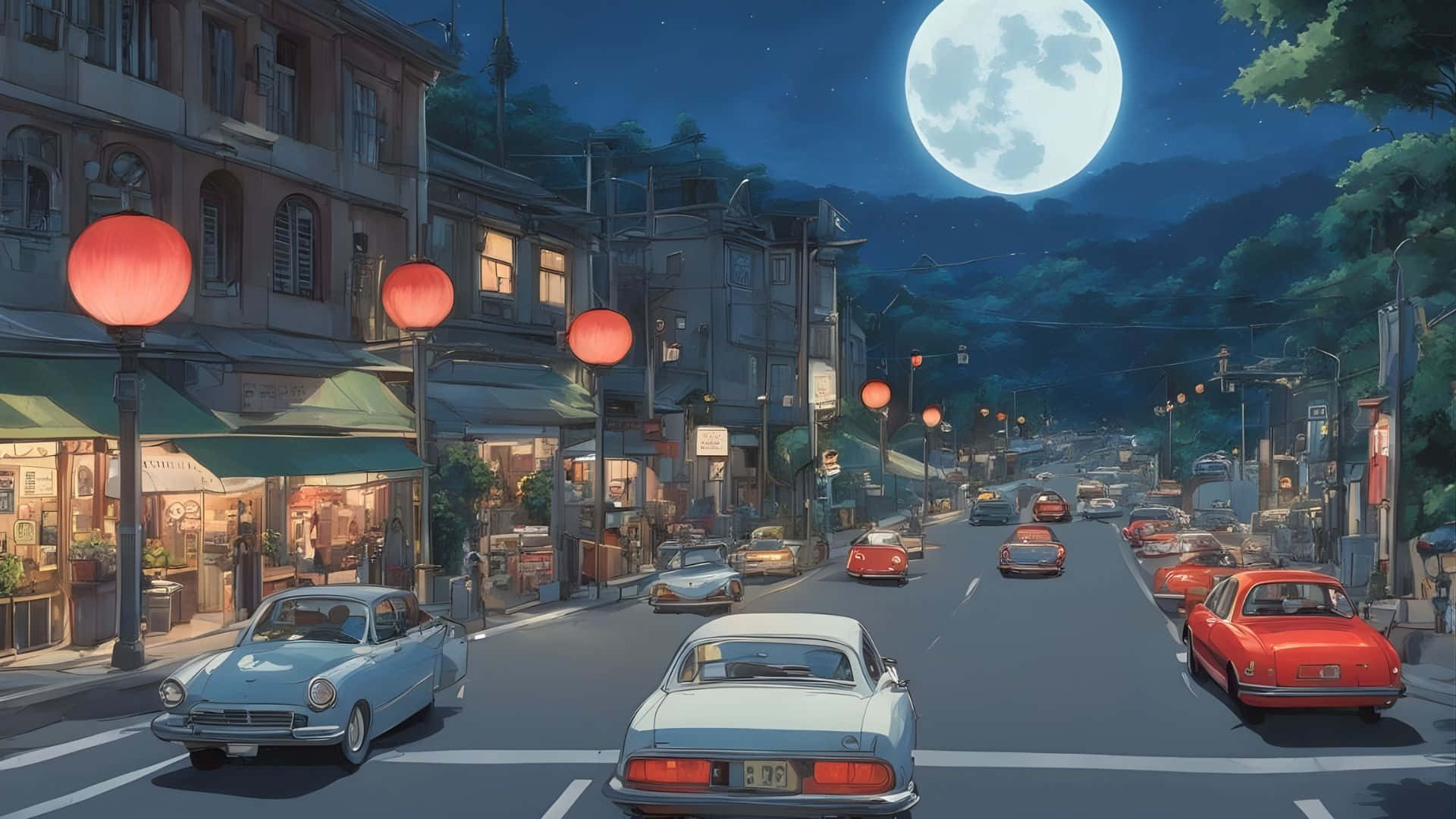  壁紙 — 在巨大月亮下，一條懷舊動漫風格的夜晚街道，掛著發光的紅燈籠和停著復古汽車。