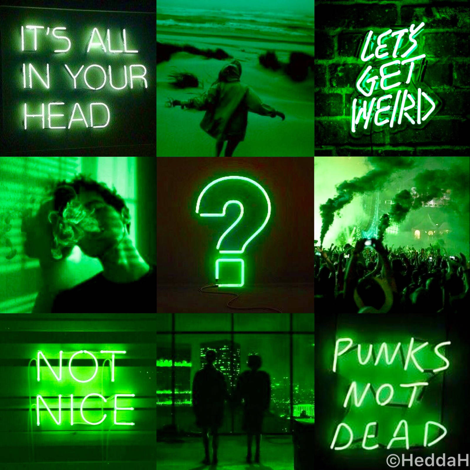 綠色霓虹燈牌和剪影，帶有「It's All in Your Head」和「Punks Not Dead」等短語。