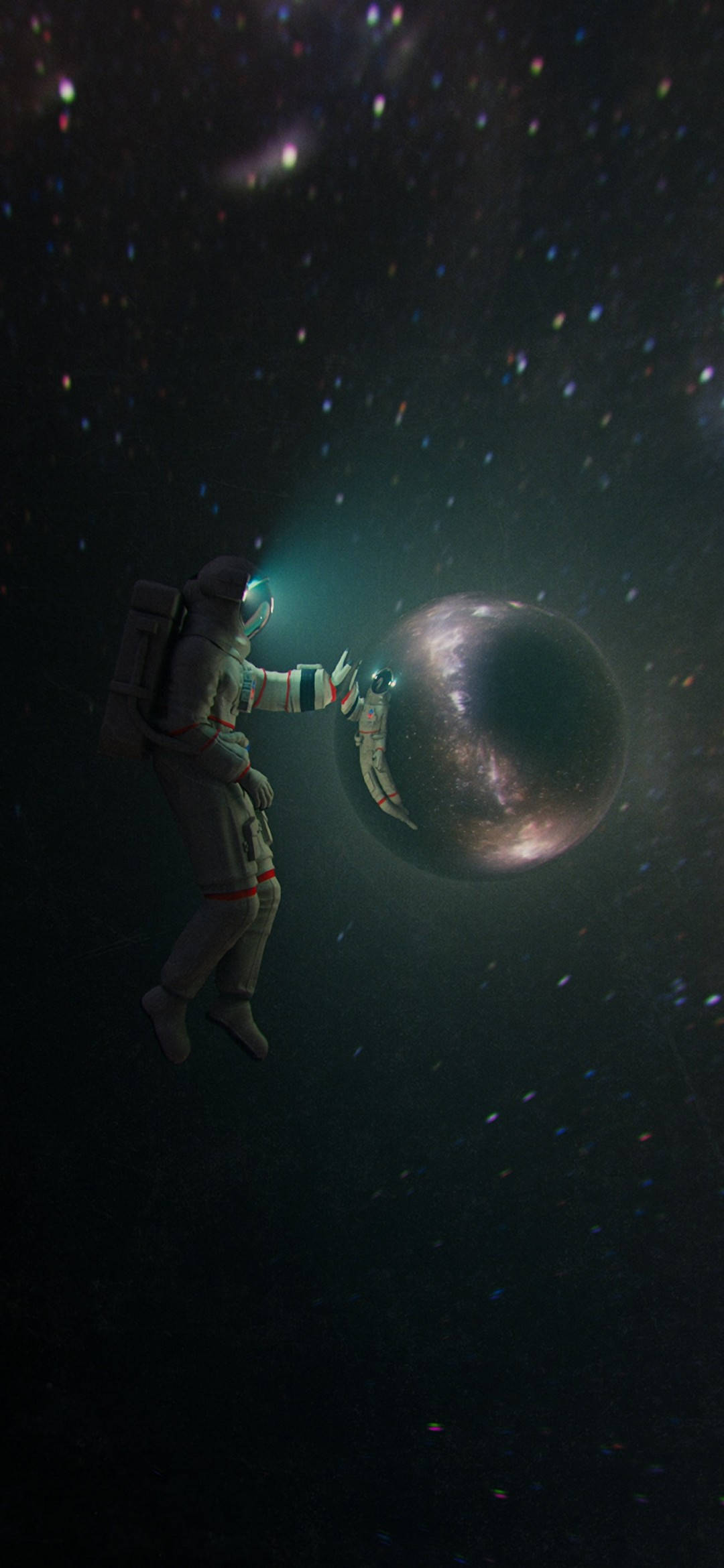 Note 10 Plus 太空人 壁紙 — 一名太空人在太空中漂浮，伸手觸及一顆被遙遠恆星和宇宙塵埃包圍的發光行星。