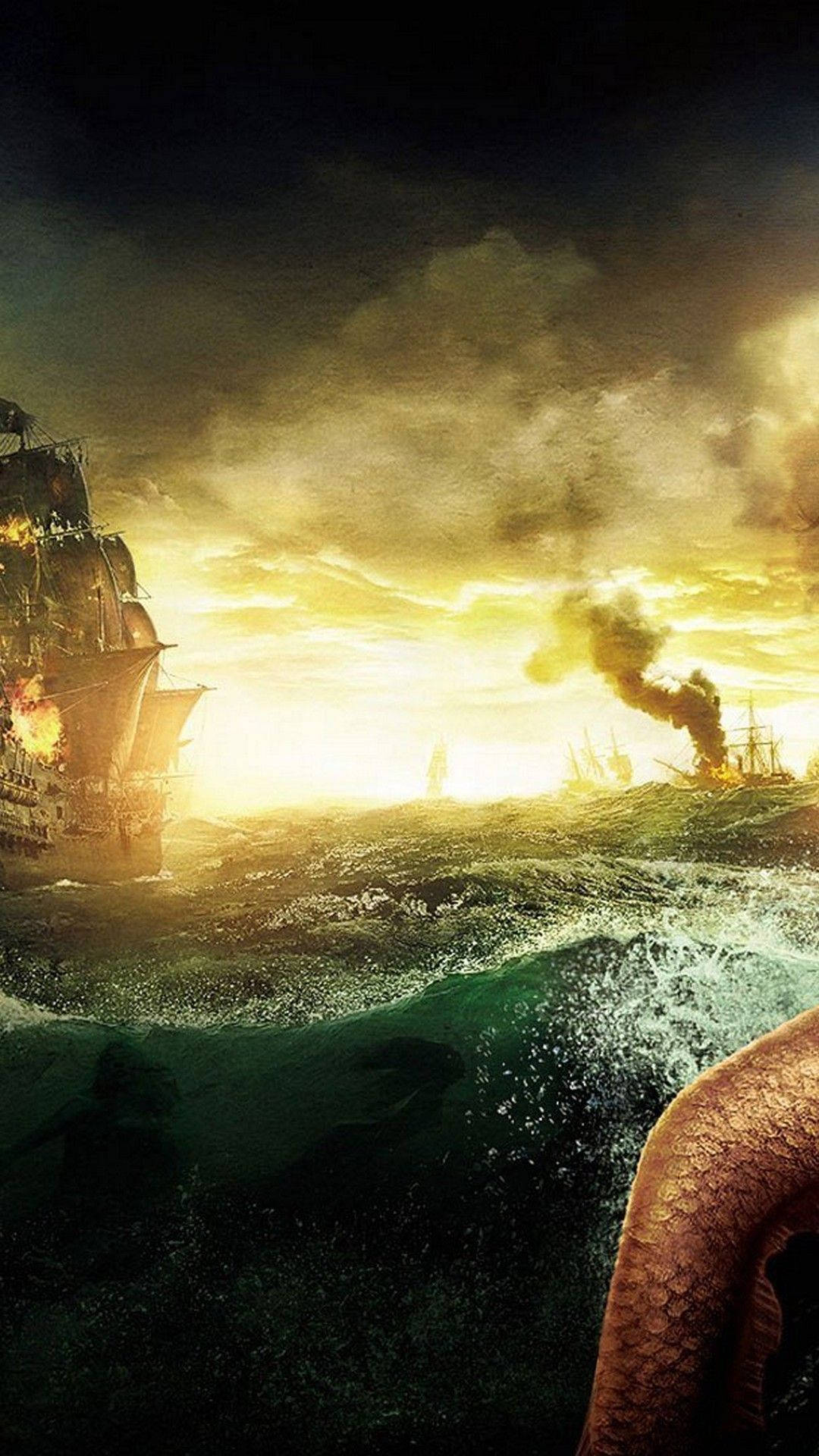 海盜船在海中燃燒，美人魚尾巴在熾熱的日落中從水中升起。