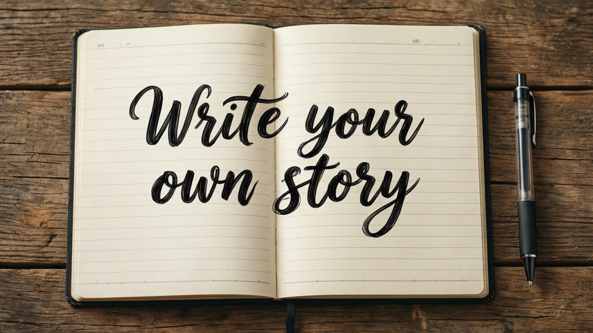 打開的筆記本，橫線頁面上以黑色刷字體寫著「Write your own story」，旁邊有一支筆在木頭上。