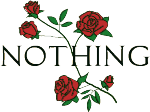 紅玫瑰與「NOTHING」文字 壁紙 — 粗體金色字母拼出「nothing」，紅玫瑰和綠莖在純黑背景上交織。