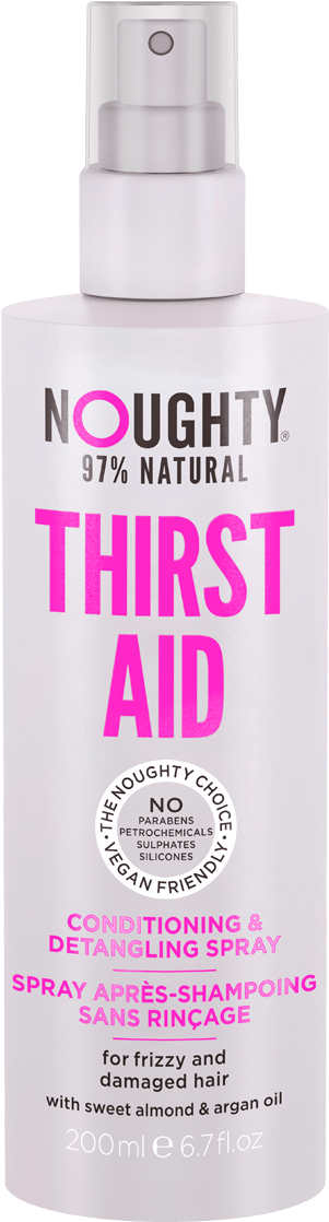 Noughty Thirst Aid 滋養解纏繞噴霧 壁紙 — 白色Noughty Thirst Aid護髮噴霧瓶，帶有粗體粉紅色文字和銀色噴嘴。
