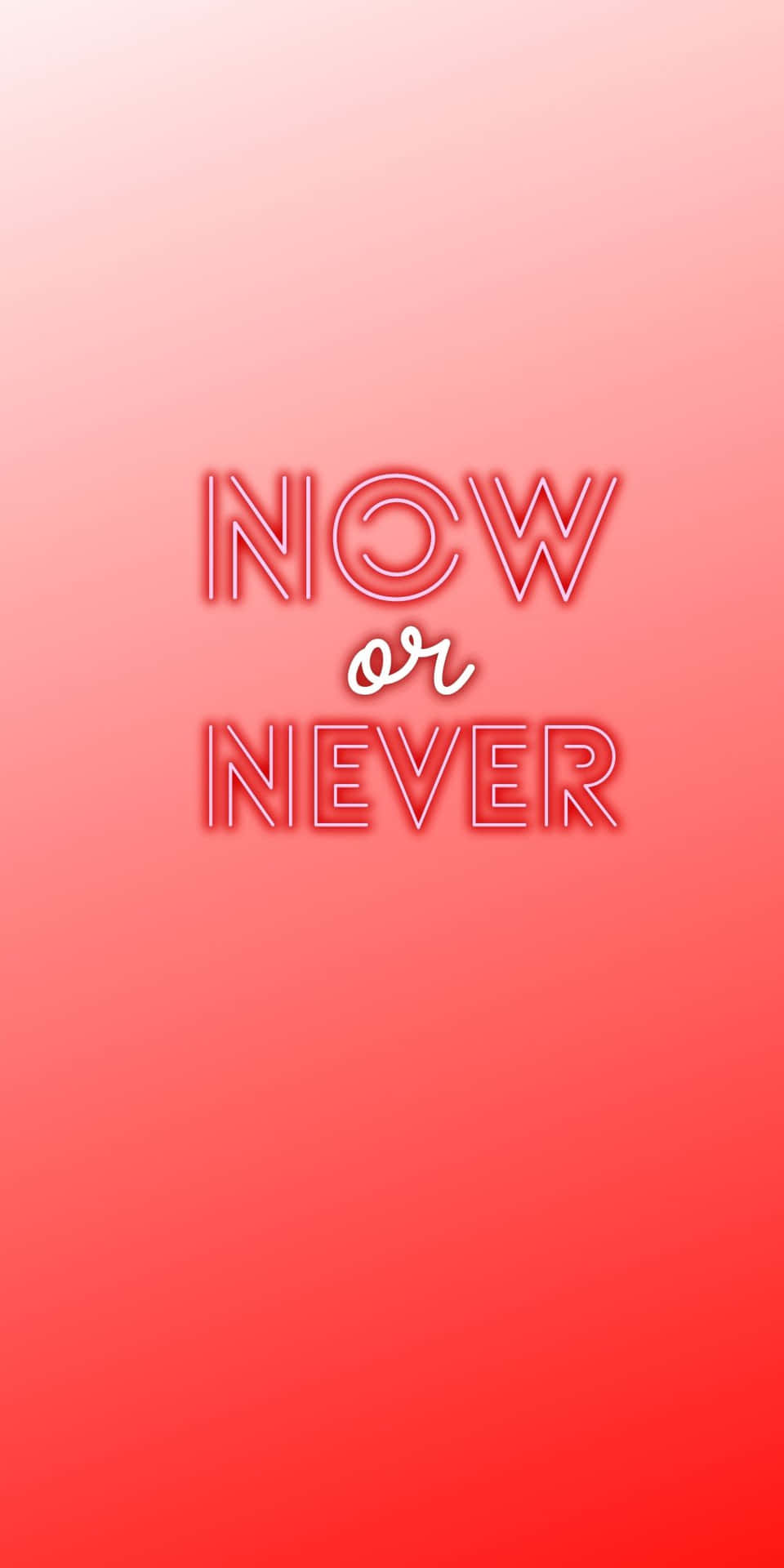 發光霓虹文字在紅色漸變背景上寫著 now or never。