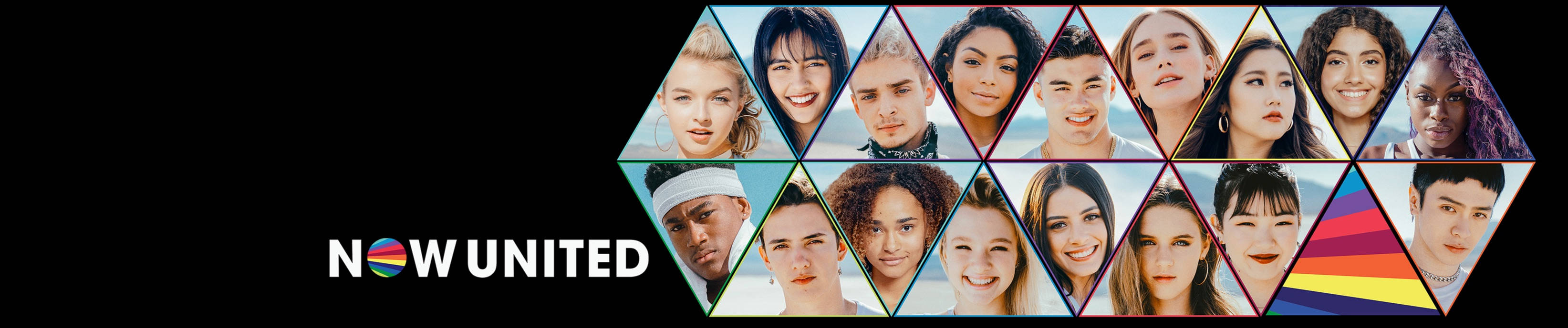 一個彩色幾何圖案，由多樣化的年輕人面孔組成，帶有「NOW UNITED」文字。