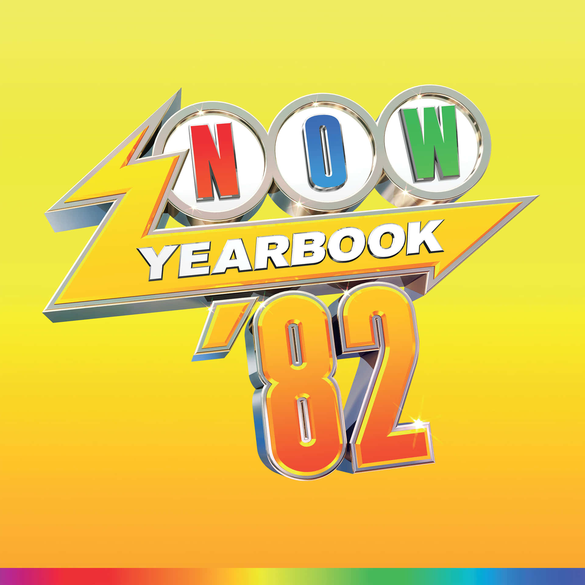 NOW YEARBOOK '82的粗體3D文字標誌，帶有彩虹漸變背景。