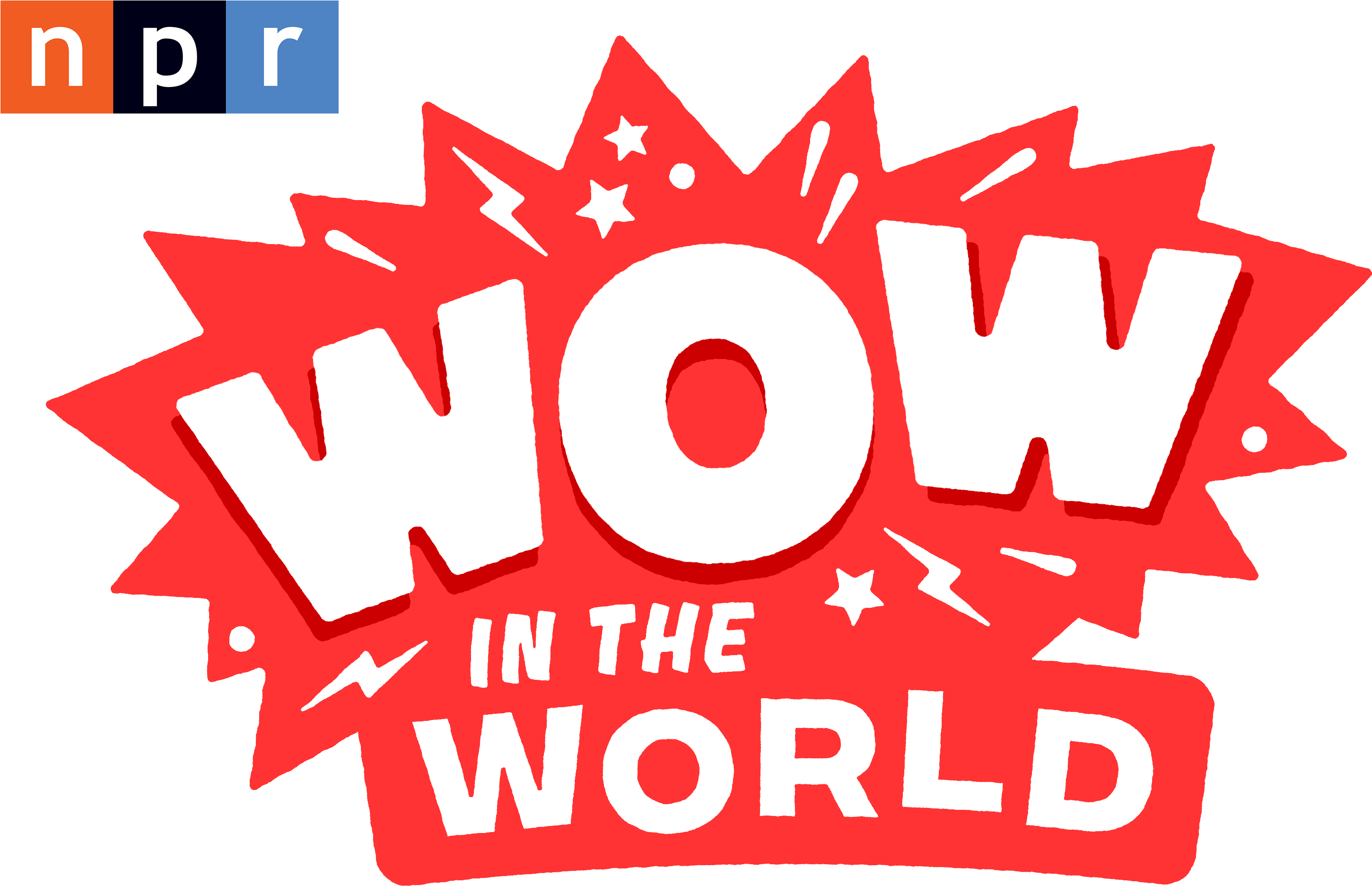 NPR Wow in the World 播客標誌 壁紙 — 大膽的紅色漫畫風格爆炸圖形，白色文字寫著「WOW IN THE WORLD」，左上角有NPR標誌。