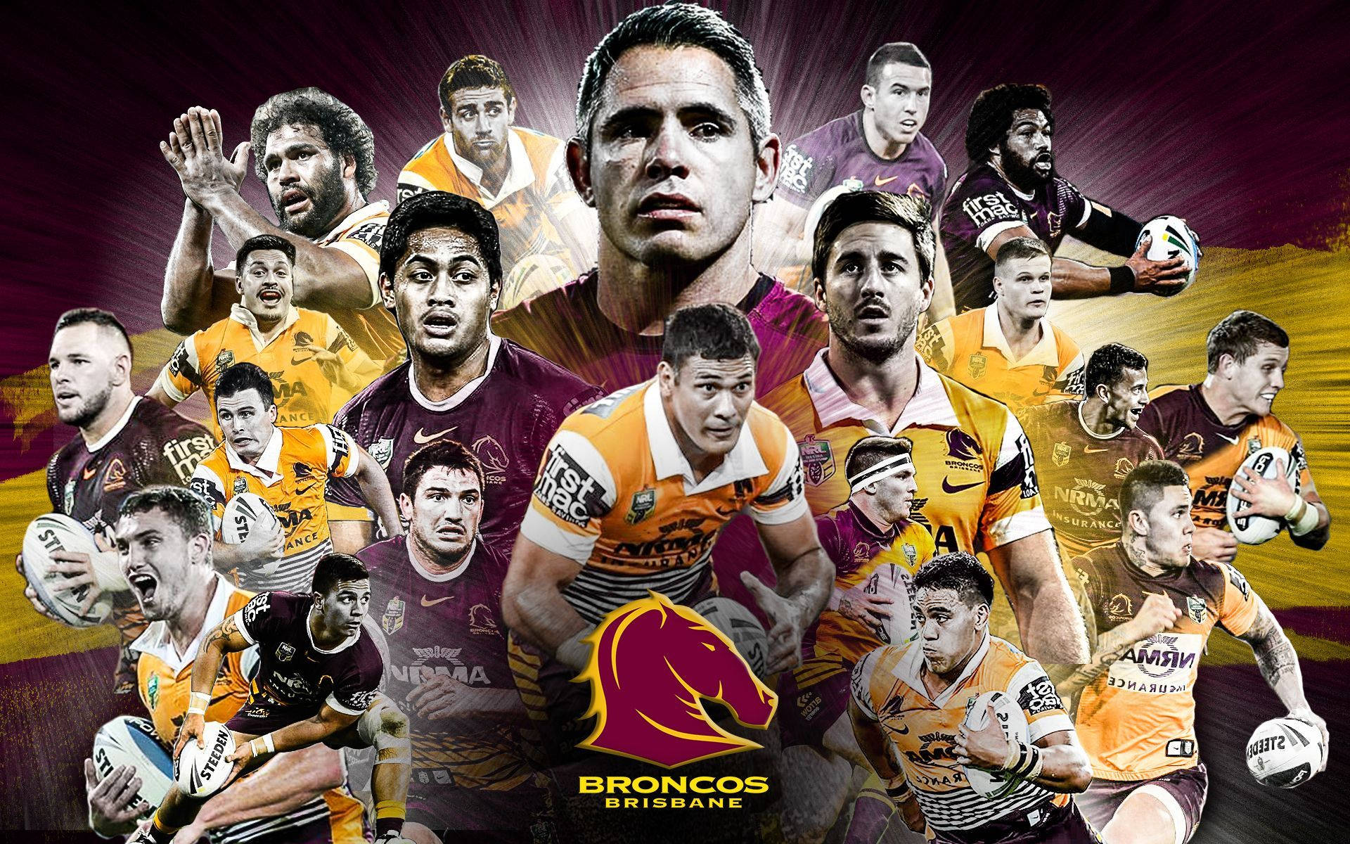 NRL Broncos激戰瞬間 壁紙 — 布里斯本野馬隊欖球聯賽球員在充滿活力的紫色和金色漸變背景上擺出動作姿勢的動態拼貼畫。
