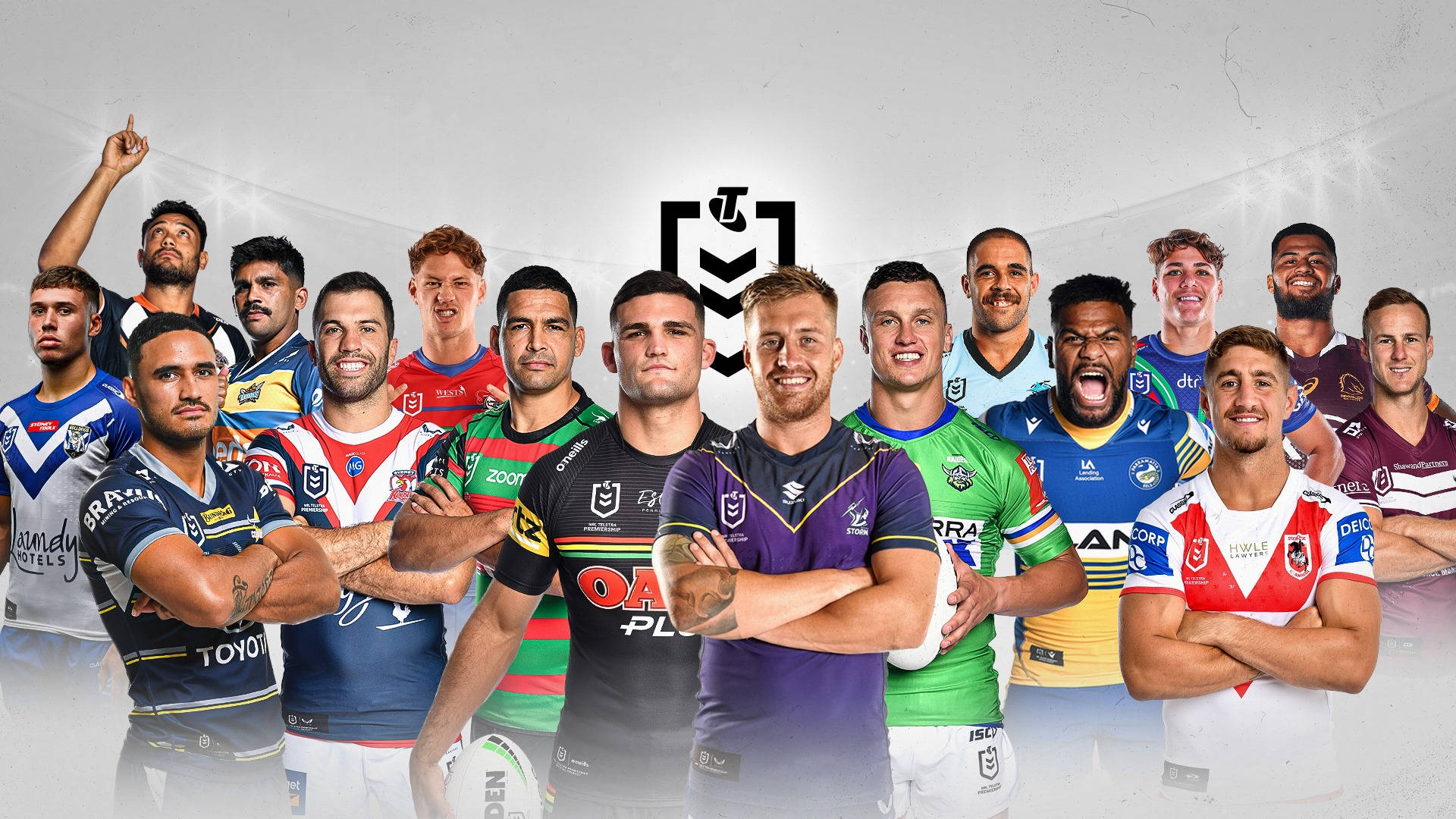 NRL 所有球隊合集 壁紙 — 一群充滿活力的欖球聯賽球員穿著色彩繽紛的球隊球衣，在明亮的攝影棚背景下自信地擺姿勢。