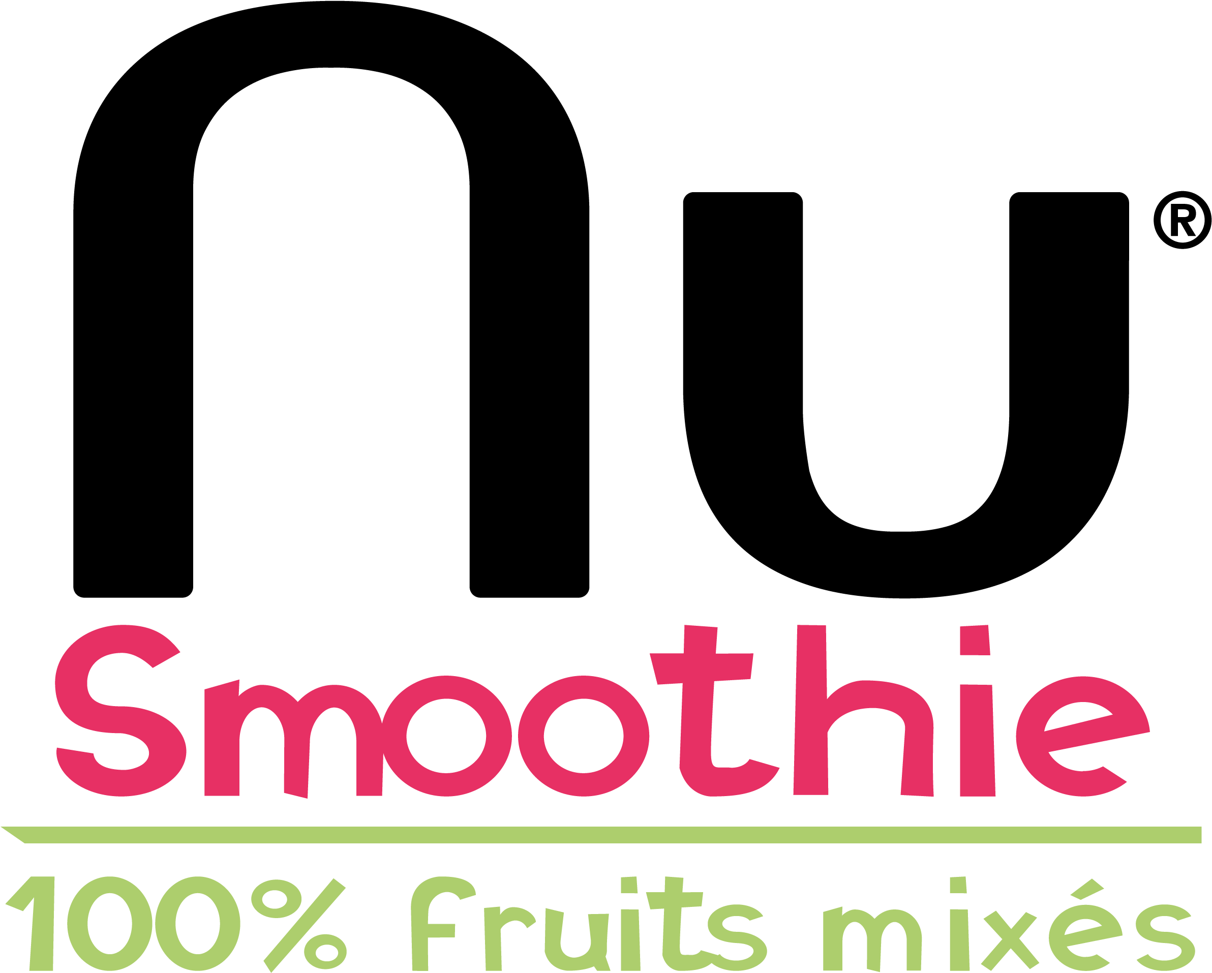 Nu Smoothie品牌標誌 壁紙 — 粗體粉紅和綠色文字在純黑色背景上寫著「Smoothie 100% Fruits mixés」。