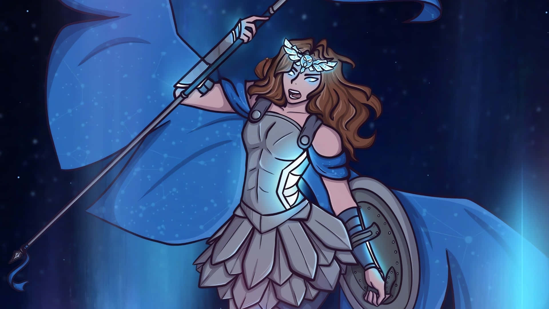  壁紙 — 一位擁有飄逸棕色長髮和藍色披風的女戰神，在星空下揮舞長矛和盾牌。