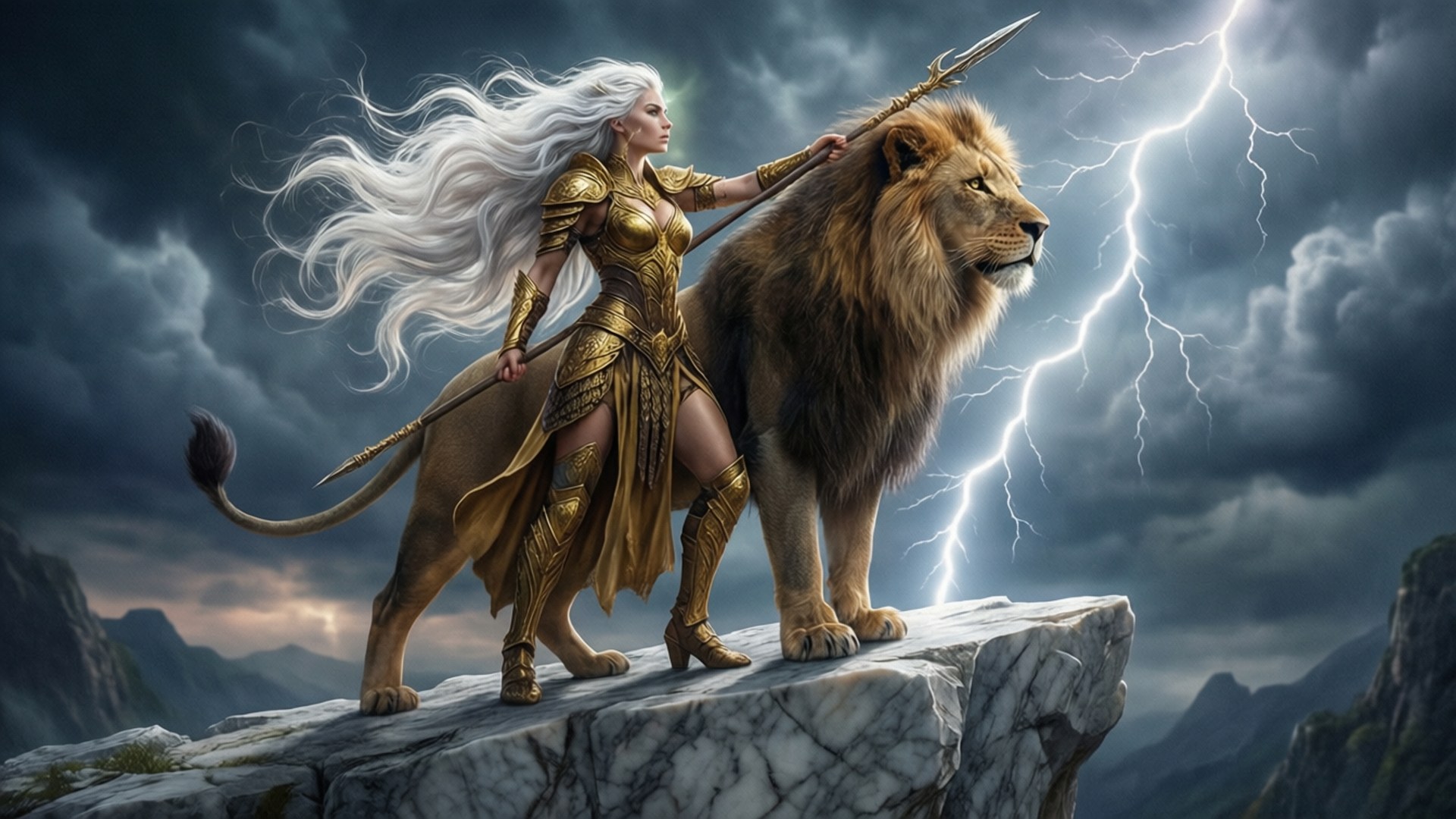 Elesh Norn 桌布 壁紙 — 一位白髮金甲的女戰士站在懸崖上，旁邊有一頭威嚴的獅子，閃電劃破暴風雨的天空。