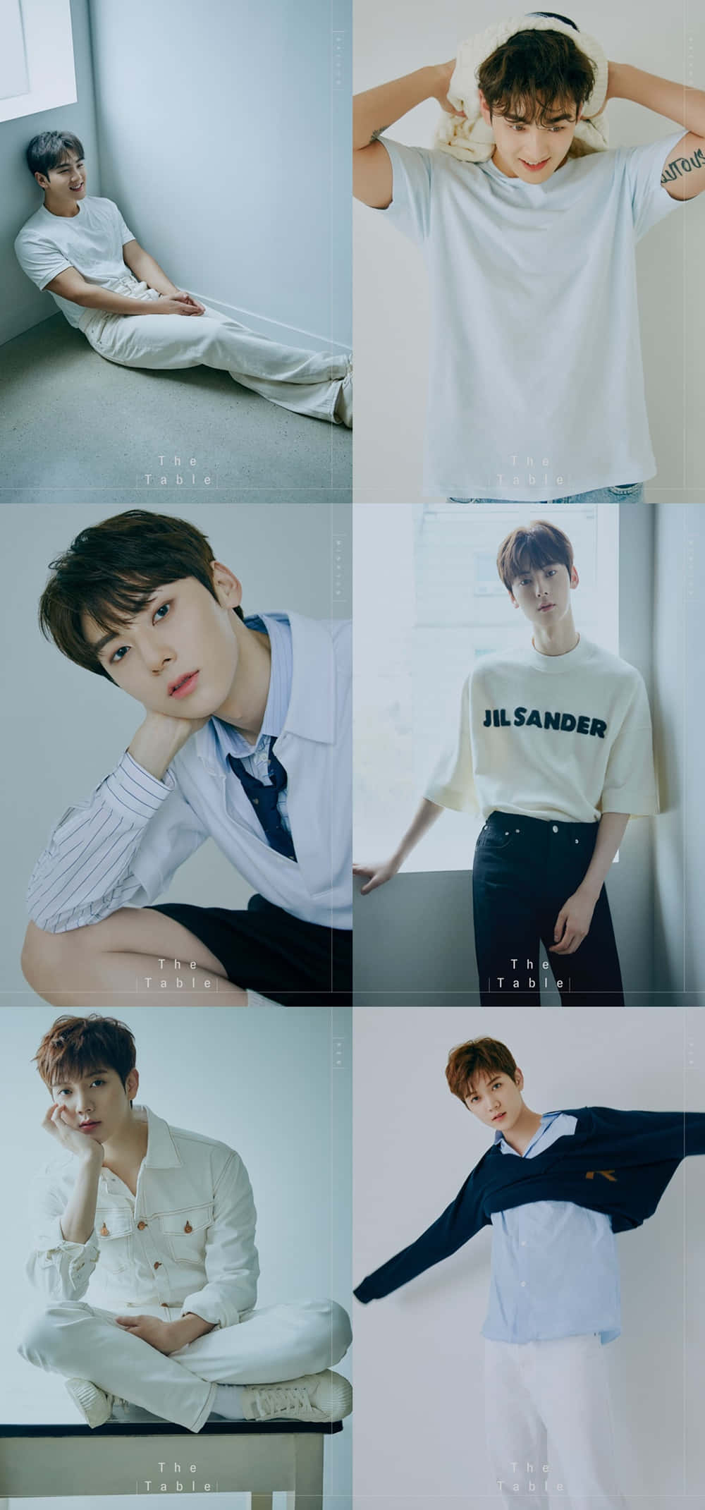 Nuest K-pop 男子團體美學拼貼 壁紙 — 六張年輕男士穿著簡約白色和淺藍色服裝，在柔和光線的室內環境中擺姿勢的自然肖像。