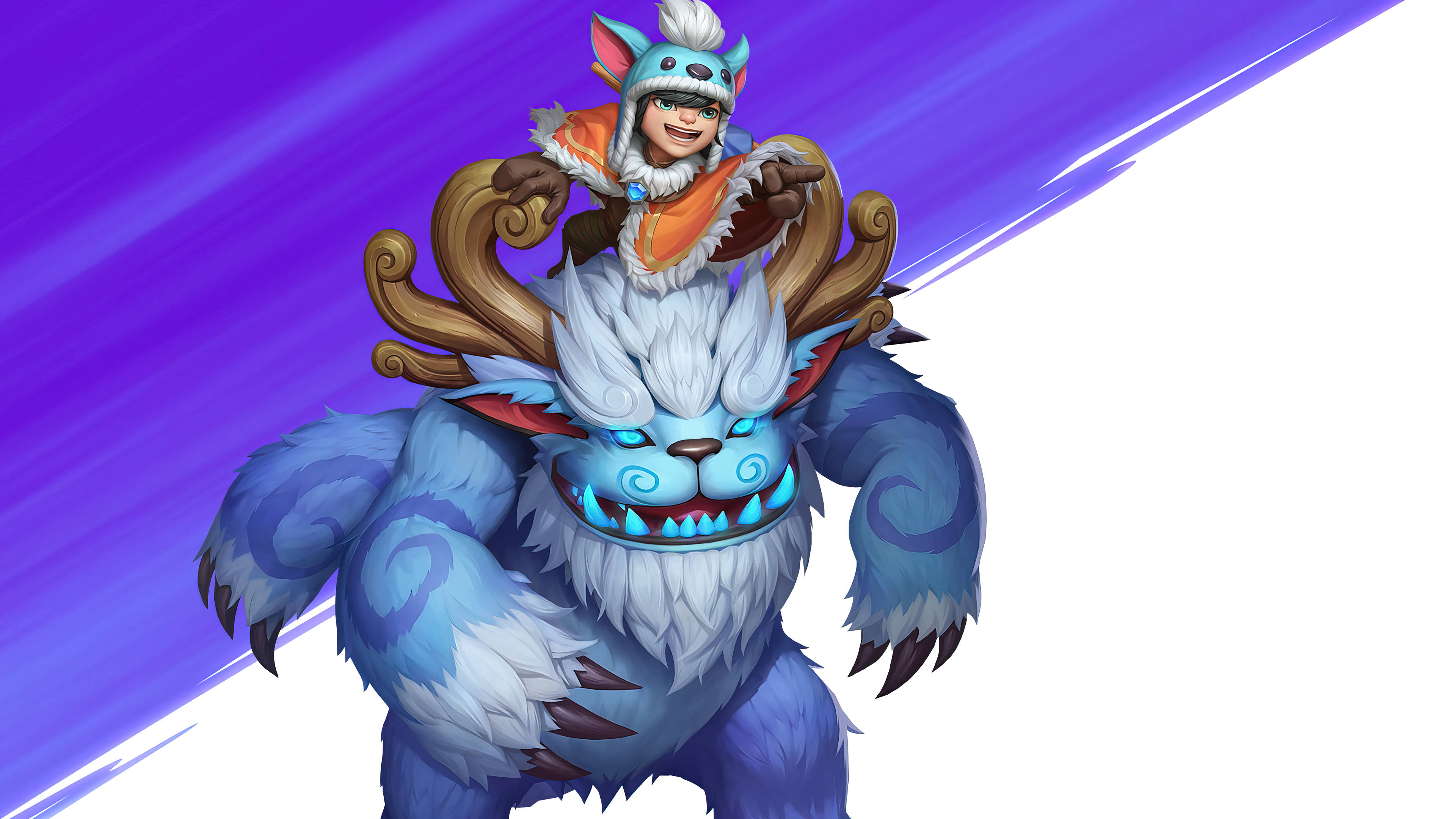 Nunu與Willump Wild Rift 壁紙 — 一個戴著狐狸帽子的快樂年輕騎士坐在一隻巨大的藍白相間的毛茸茸野獸上，野獸有發光的眼睛和華麗的角，背景是動態的紫色和白色。