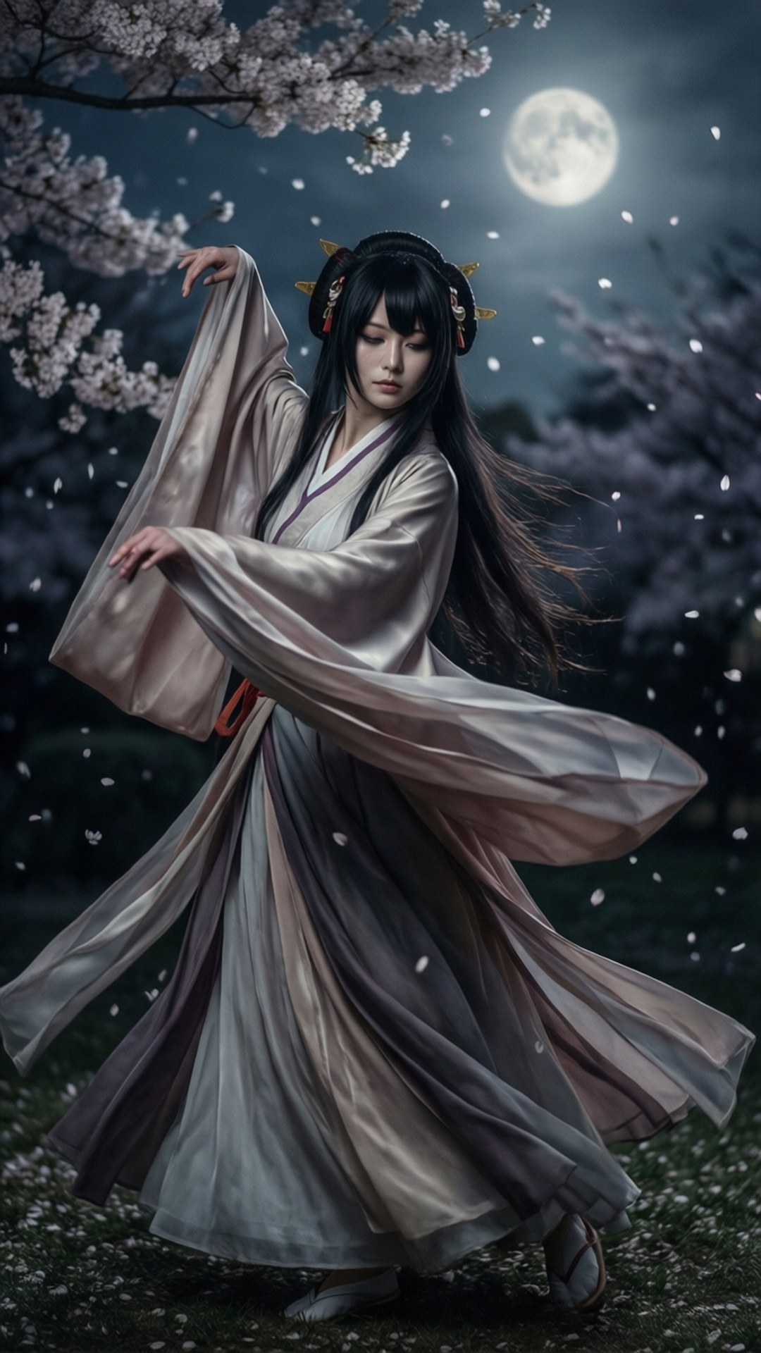 身穿飄逸傳統長袍的女子在滿月下跳舞，櫻花飄落