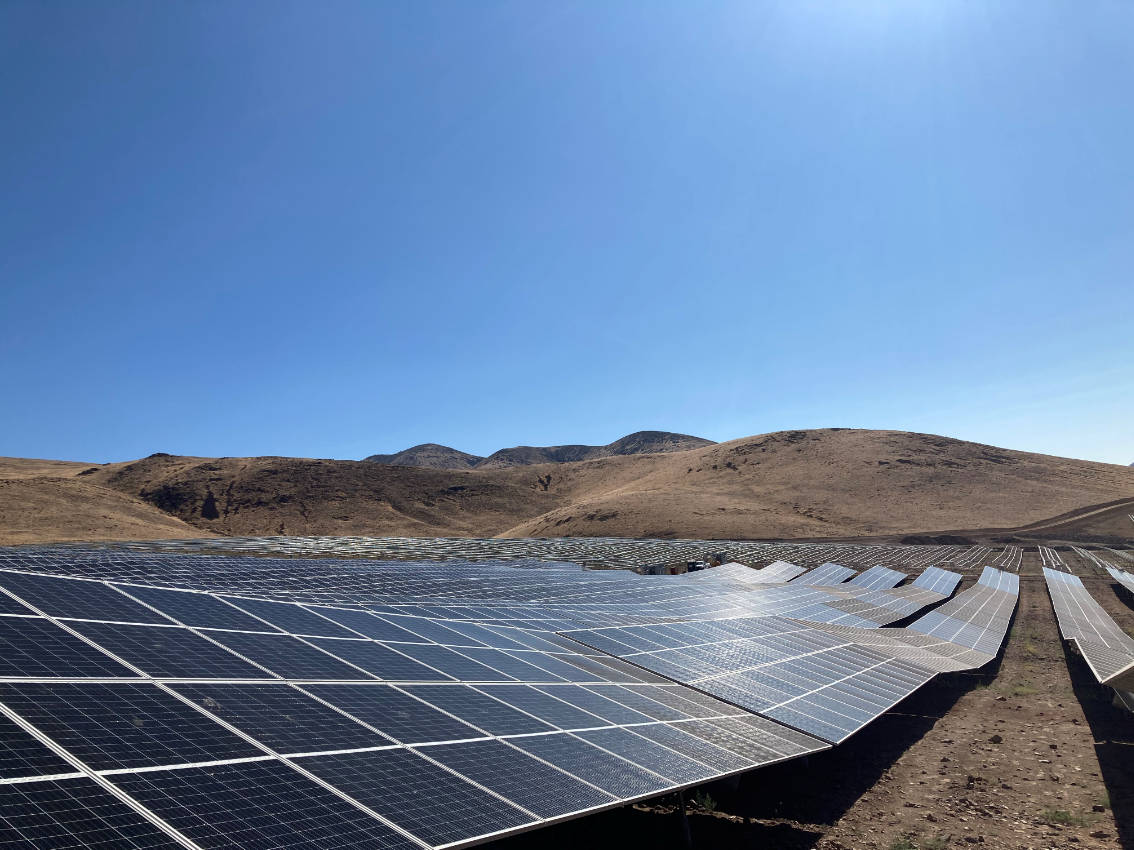 NV Energy太陽能板排 壁紙 — 一排排太陽能板在乾燥的景觀中延伸，背景是晴朗的藍天和遠山。