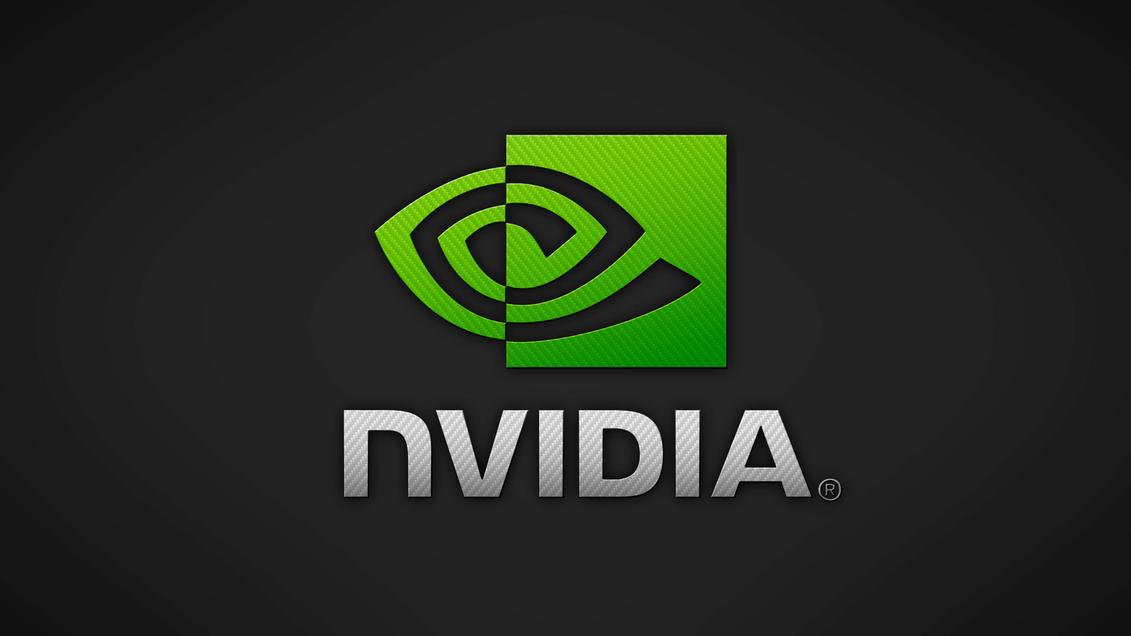 Nvidia 4K UHD 圖形技術的強大表現 壁紙 — Nvidia 標誌，帶有綠色眼睛符號和銀色文字，背景為深色漸變。