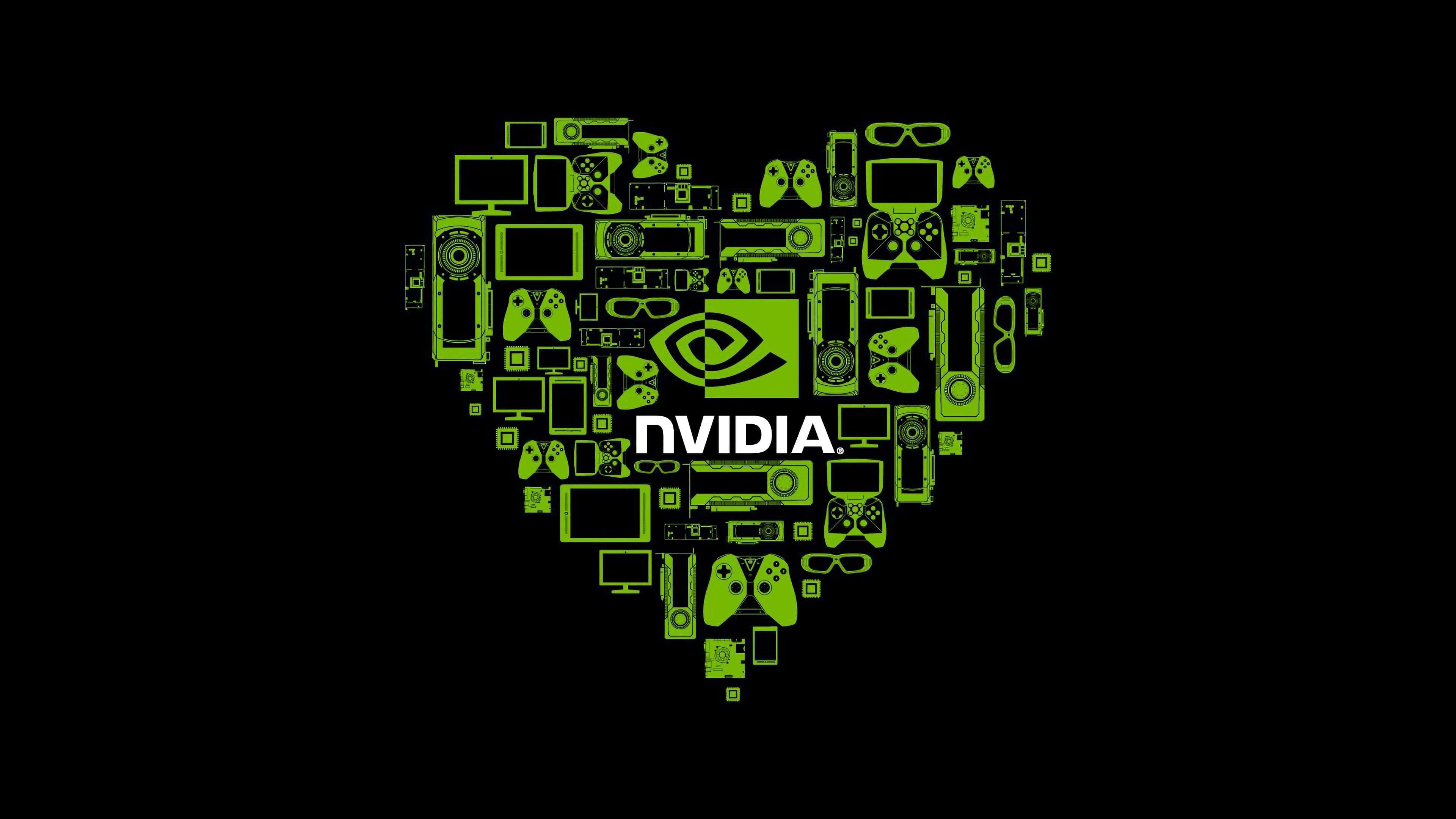 NVIDIA 4K UHD圖標組成心形 壁紙 — 一個由遊戲和科技圖標組成的充滿活力的綠色心形，NVIDIA 標誌居中在黑色背景上。