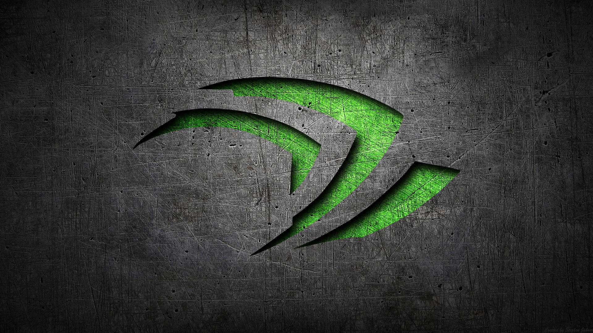 發光綠色NVIDIA標誌在帶有刮痕的深色金屬背景上。