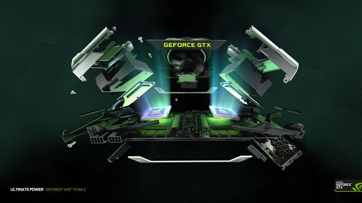 GeForce GTX Titan Z 顯示卡的分解圖，帶有發光綠色組件。