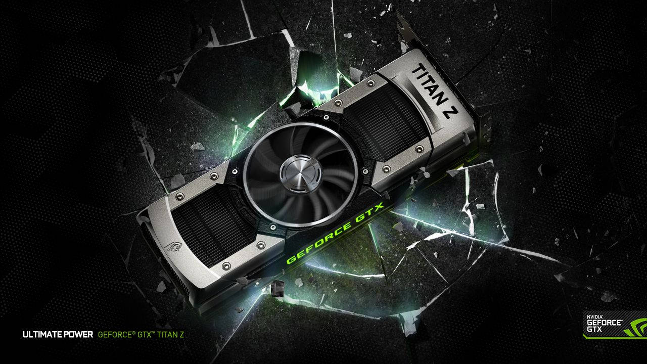GeForce GTX TITAN Z 顯示卡以綠色能量擊穿玻璃。