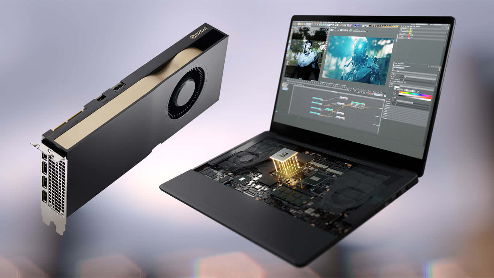 浮動的NVIDIA顯示卡和打開的筆記本電腦顯示內部組件和視頻編輯軟件。