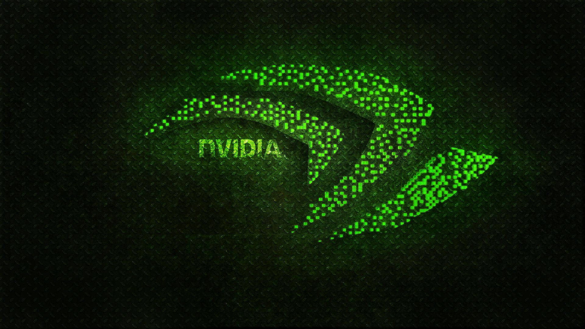在深色紋理背景上由像素組成的發光綠色NVIDIA標誌。