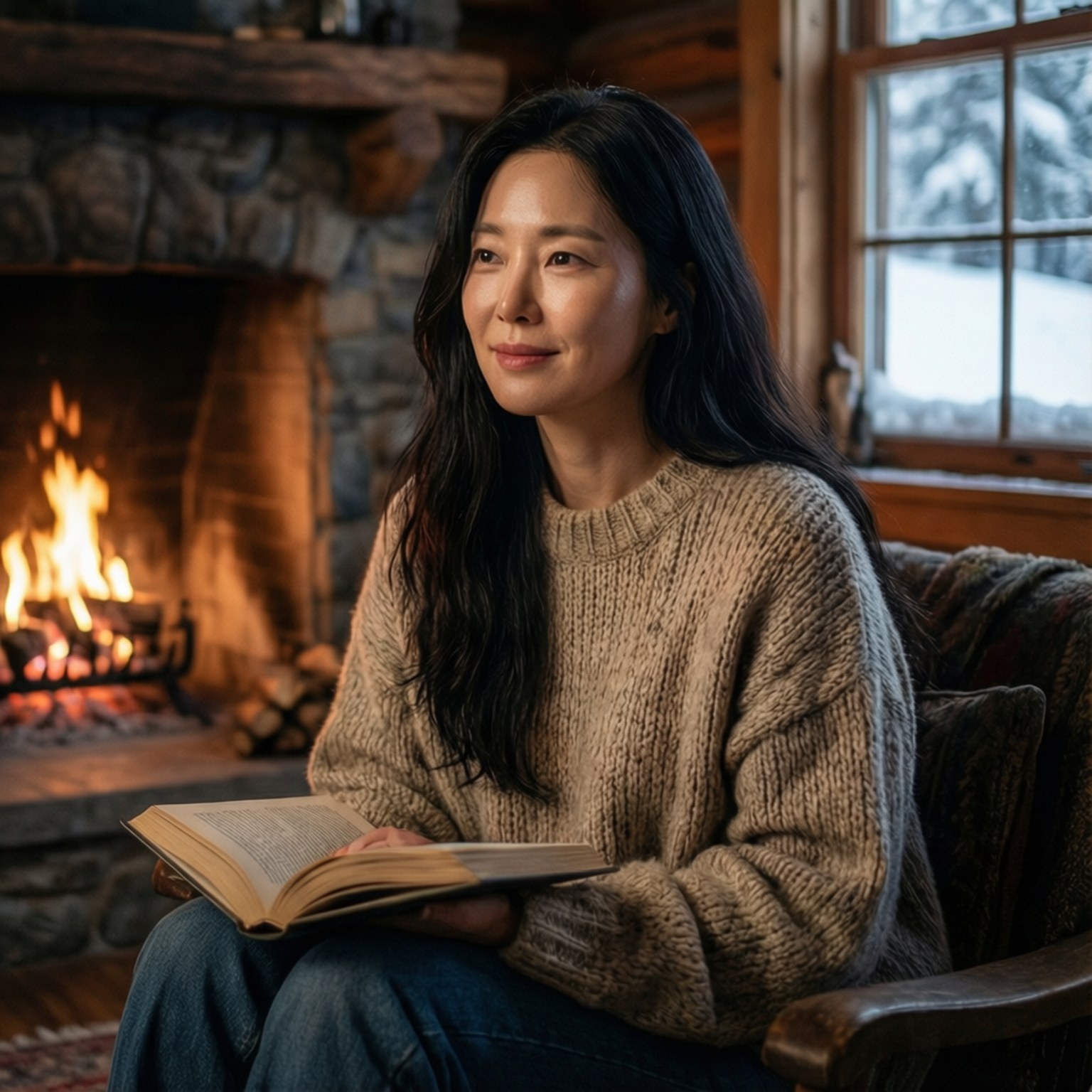Winter Reading 壁紙 — 一位穿著舒適毛衣的女性坐在石壁爐旁看書，窗外正下著雪。